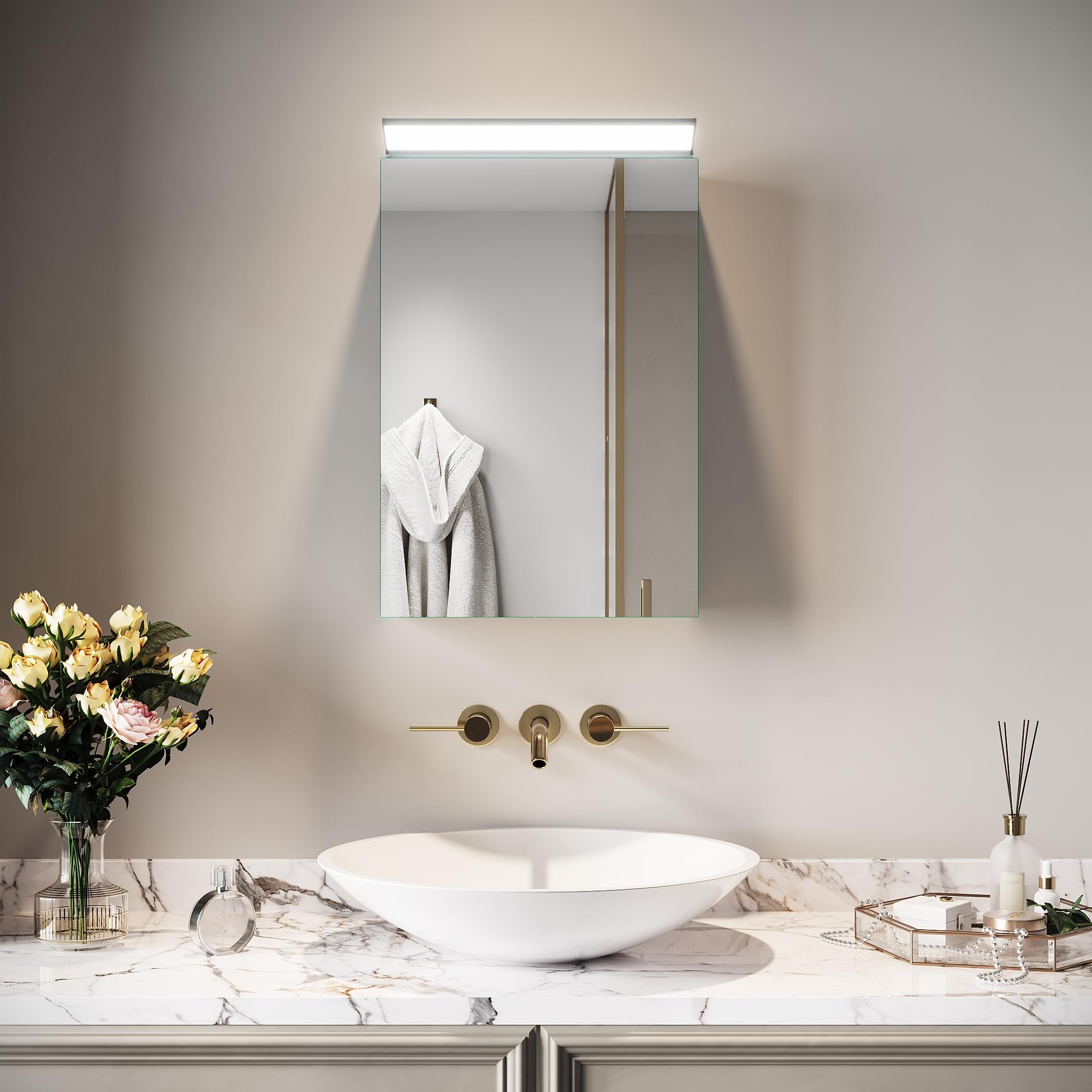 SIRHONA Armoire Murale Salle de Bain avec Éclairage LED, 36x52cm, Guide de lumière Acrylique, Armoire de Miroir de Salle de Bain en Acier Inoxydable, Armoire de Toilette, Blanc argenté
