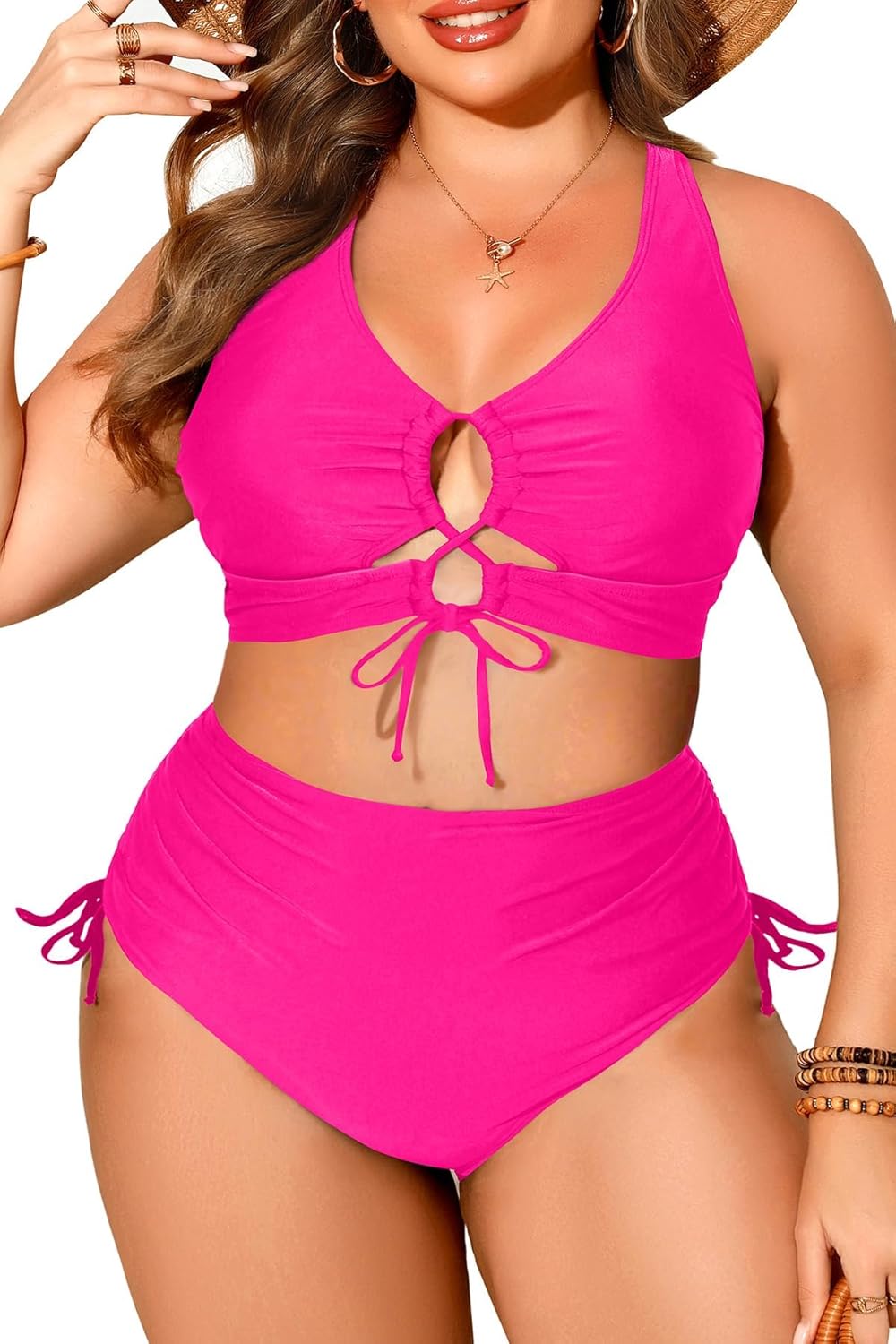 women plus size two piece swimsuit - tummy control bikini sexy lace up bathing suits cutout swimwear 2025 hot pink 18 plus