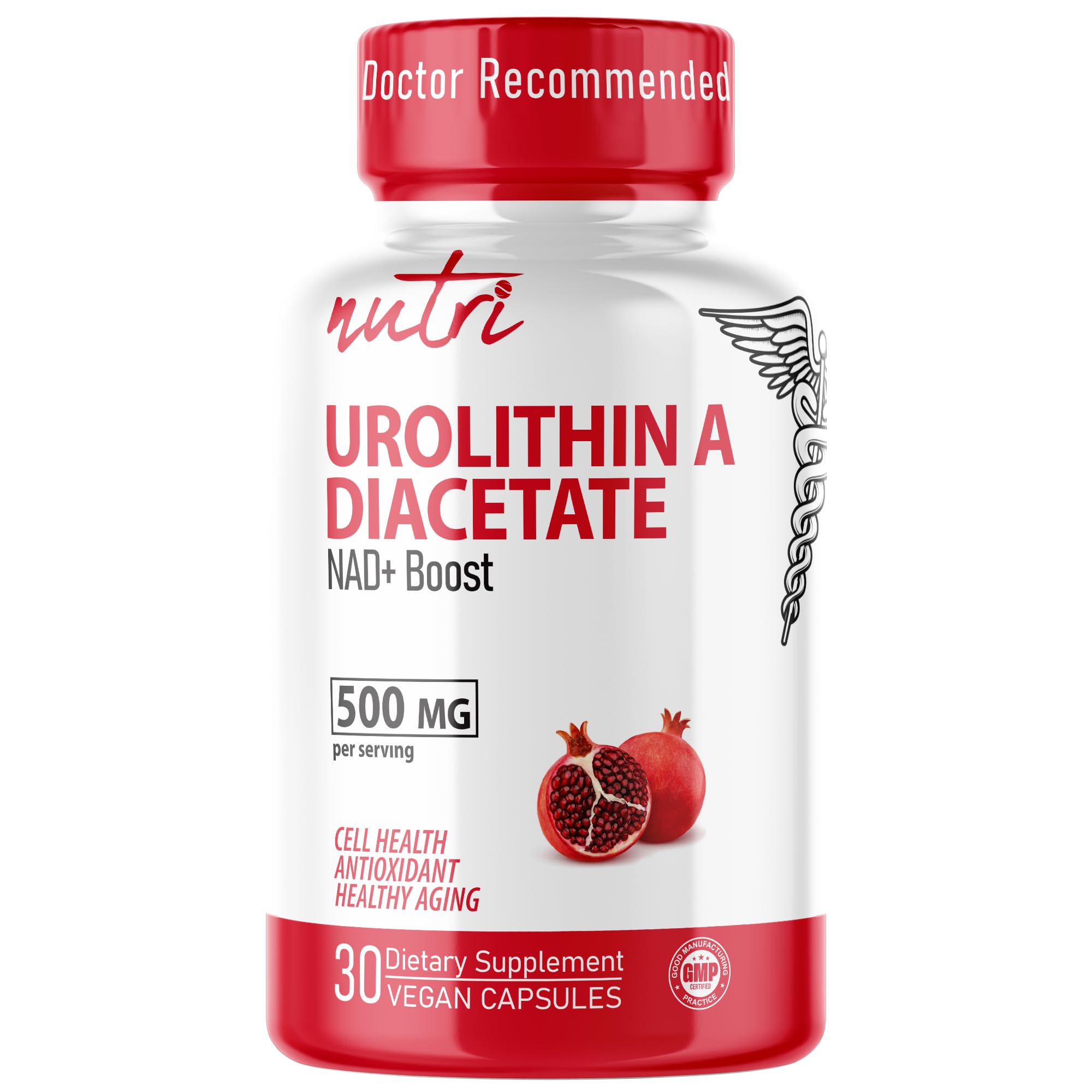 Nutri Urolithin A Supplement 500mg - Powerful NAD+ Boost, Antioxidant, Cell Repair - 3rd Party Tested - 500 mg Urolithin A Diacetate - 30 Vegan Capsules 2 Week+ Supply - NSF cGMP Certified Facility