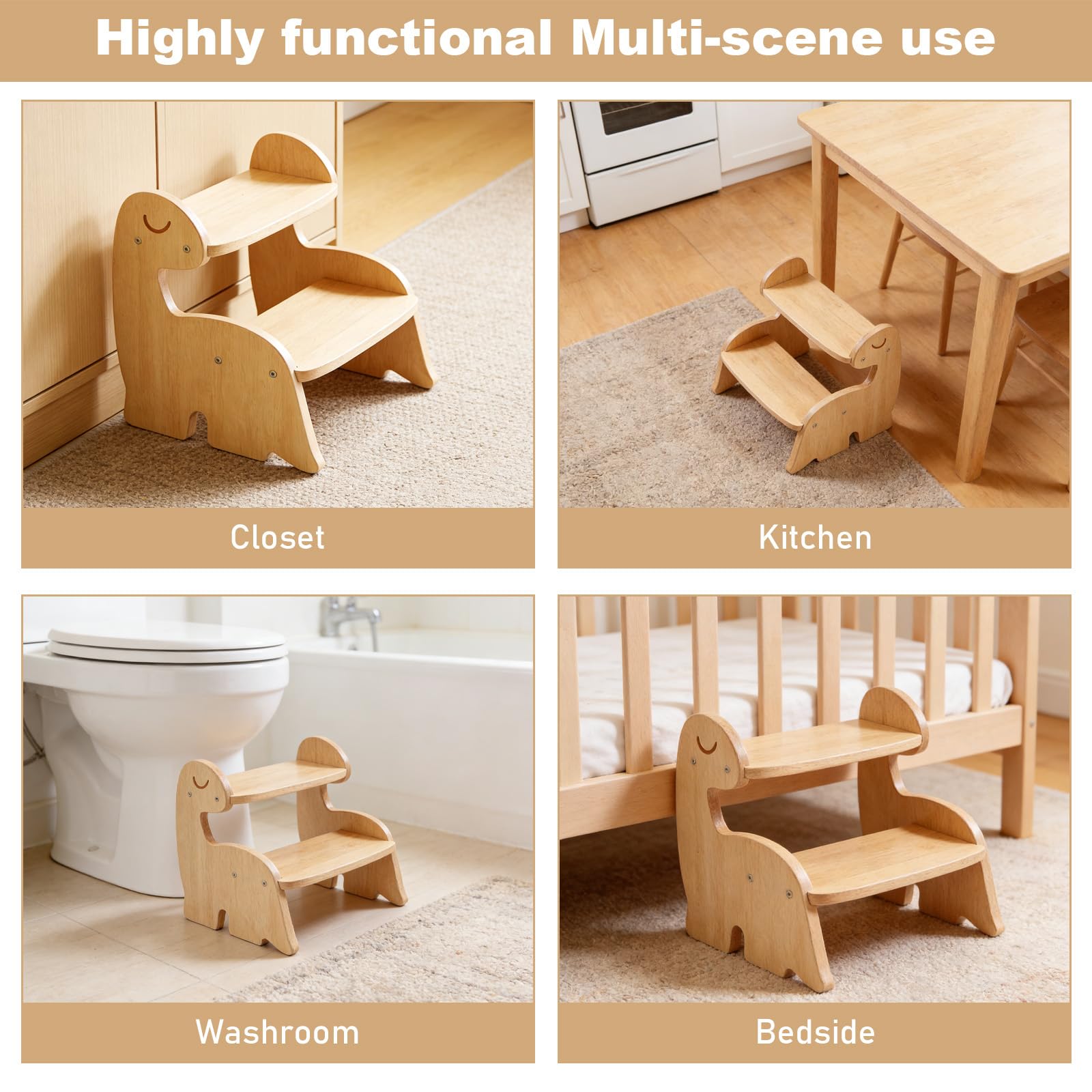 Tritthocker für Kinder, Gegen Wand Schrank Dinosaur Baby Tritthocker, 2 Stufe, Holz Holzhocker für Kinder Möbel, Lernturm Montessori für Küche Badezimmer Schlafzimmer Kinderzimmer WC