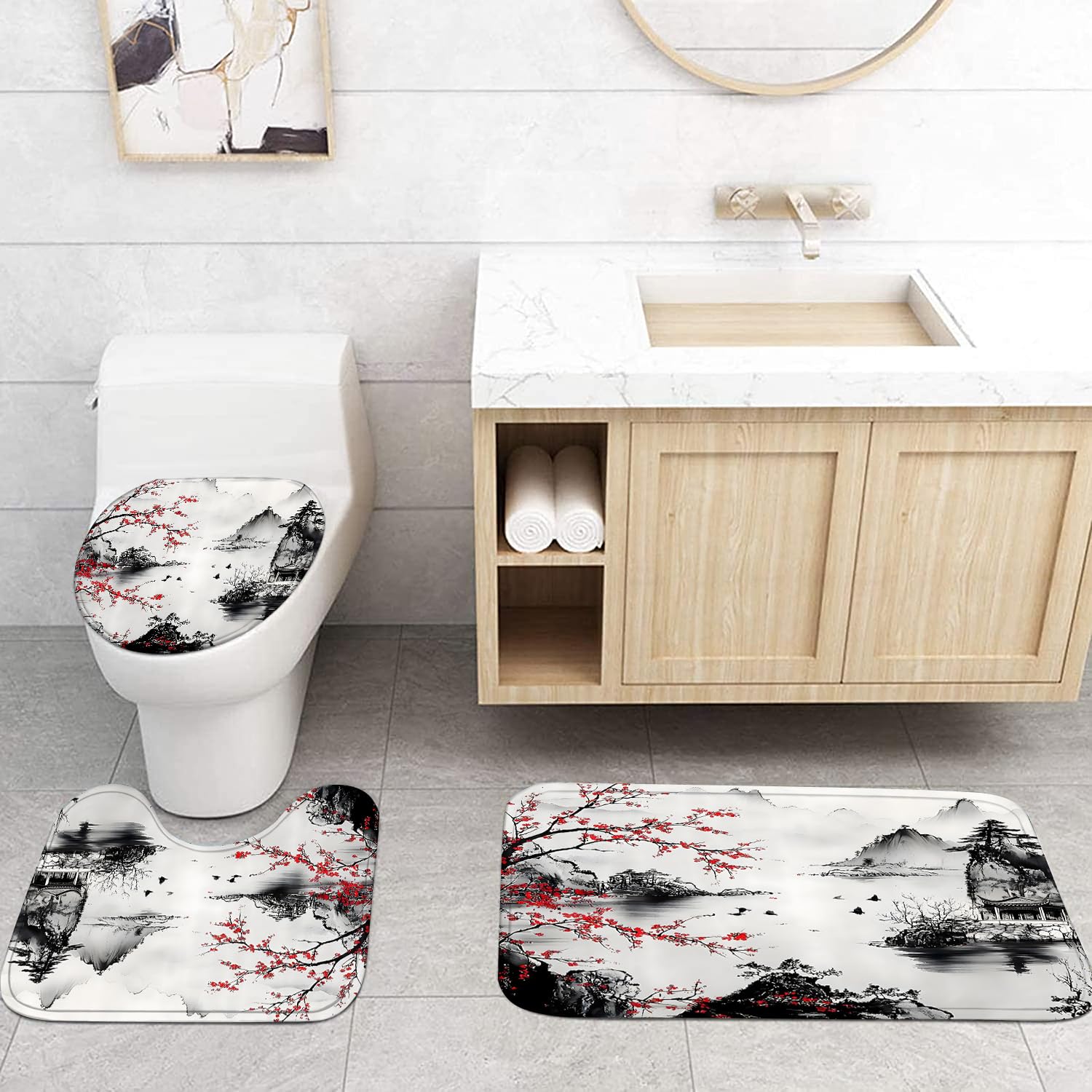 Ensemble de rideau de douche 4 pièces avec rideau de douche et tapis, rideau de bain de style japonais avec crochets pour décoration d'intérieur