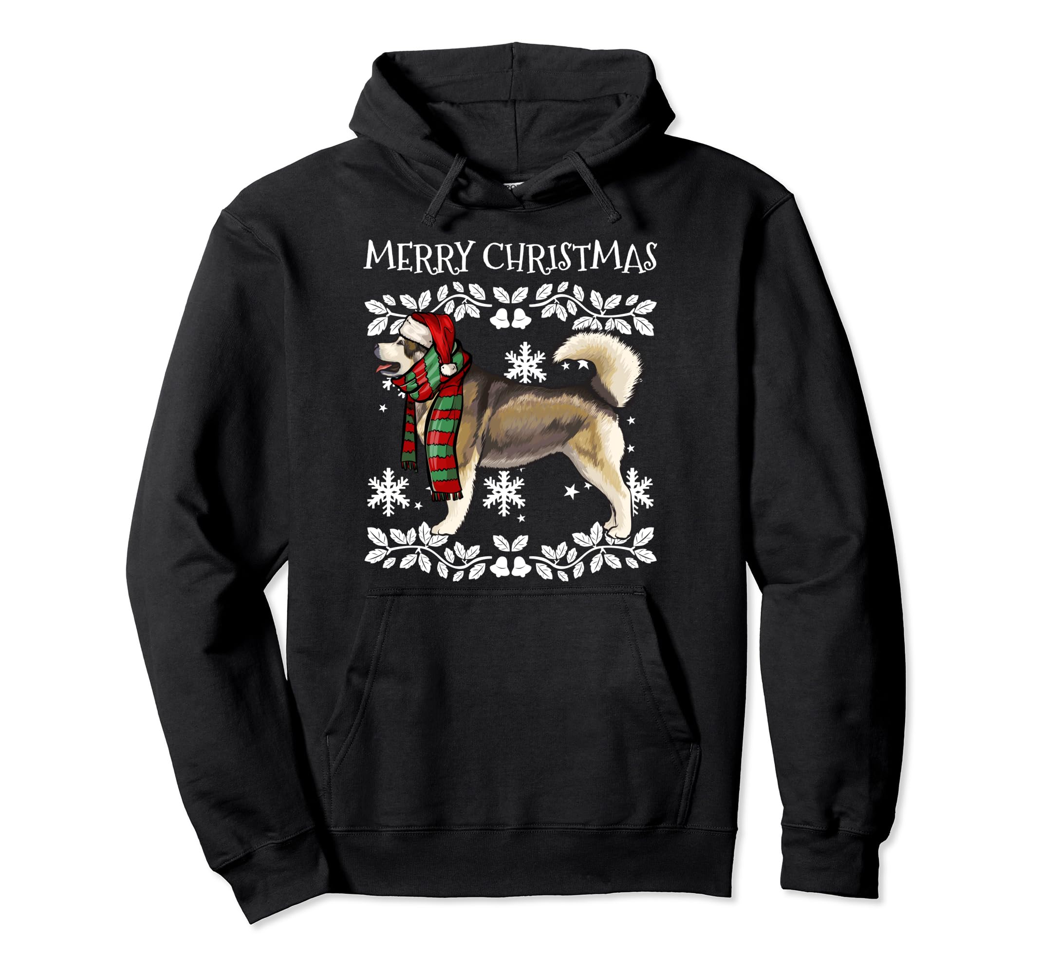 Merry Christmas Ornament Alaskan Malamute Xmas Santa Pullover Hoodie, Black