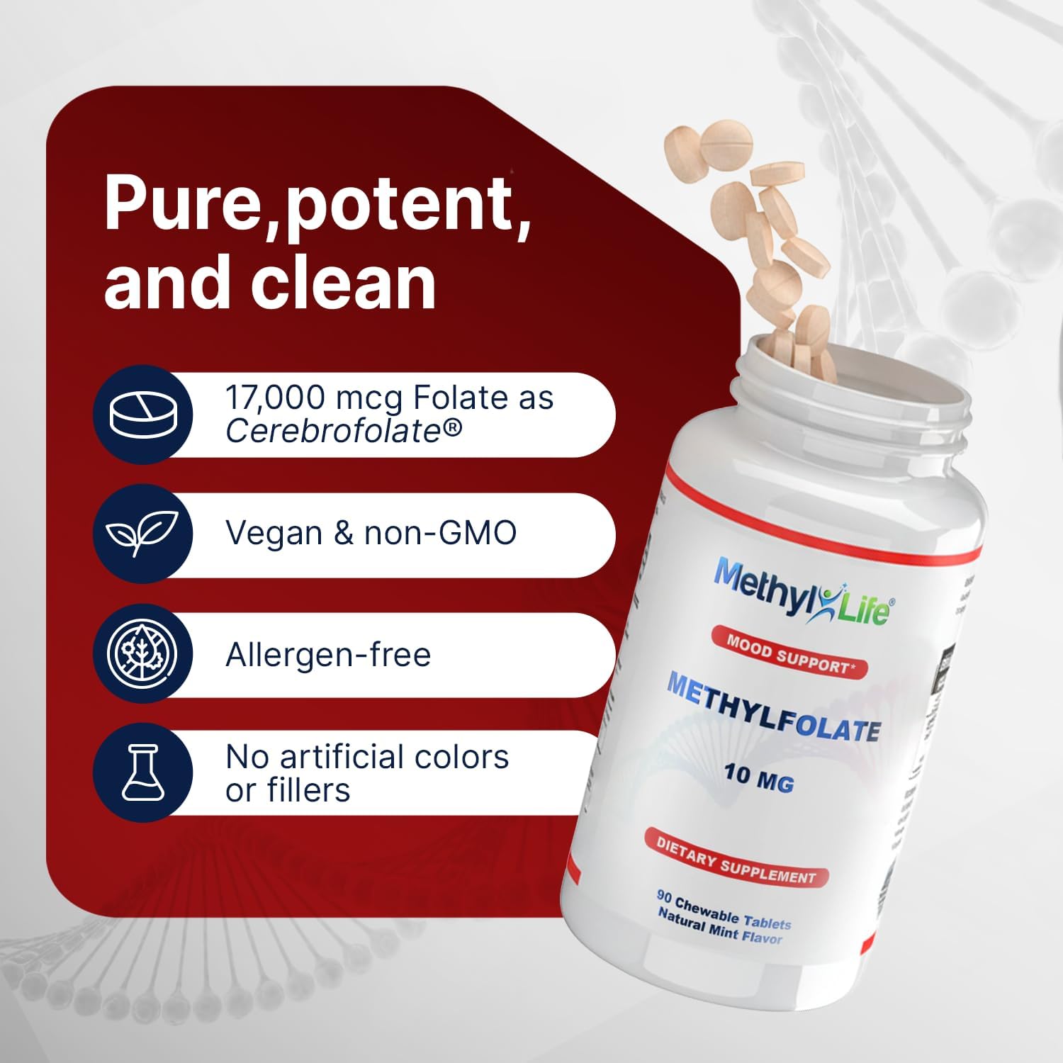 Methyl-Life® L-Methylfolate 10 mg - Chewable Active Folate Tablets with ultrapure Form of Cerebrofolate® (L-5-MTHF, Calcium) | Vegan, Non-GMO, Gluten-Free | 90 Chewable Tablet - Image 7