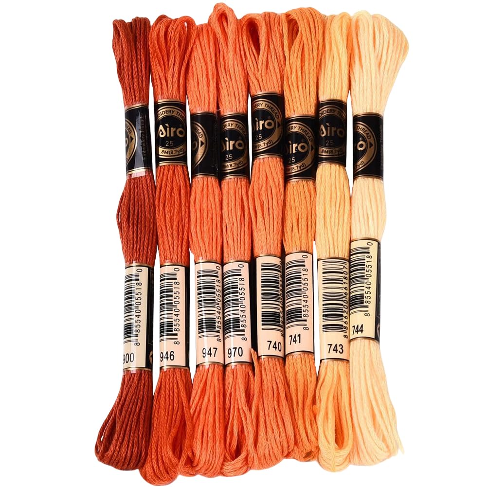70 Yards 8 Skeins Gradient 6 Strands Orange Red Variegated Cross Stitch Thread Embroidery Floss Polyester Friendship Bracelet String Threads Set for Hand Sewing Making Needlecraft Supply