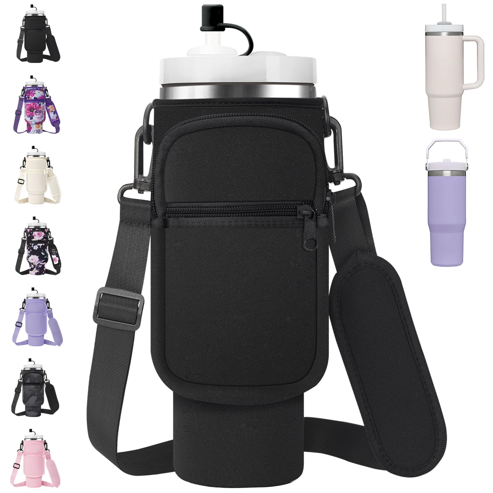 AceTreker Water Bottle Carrier Bag with Strap for Stanley 40/30 oz Tumbler Neoprene Insulated Cup Holder Sleeve with Phone Pocket & Straw Cover for