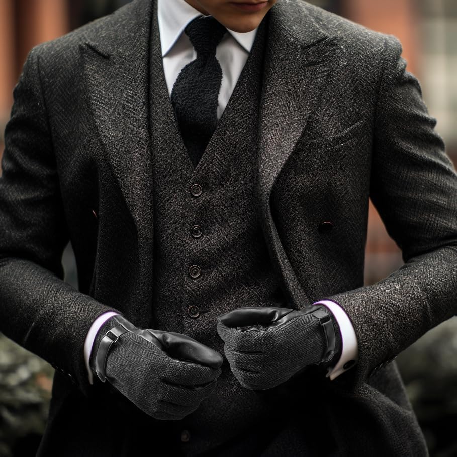 Herringbone Tweed Gloves for Men Touchscreen Winter Warm Lined Driving Black Brown Wool Blend Retro 1920s, S-XXL - Image 6
