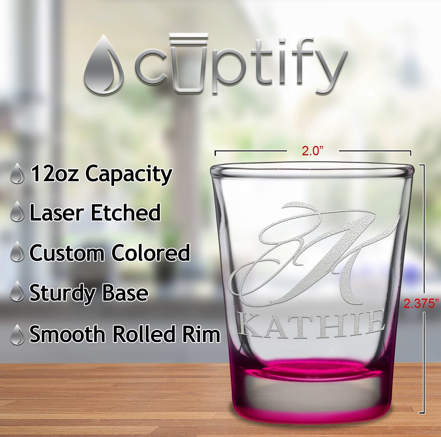 Custom Shot Glass Script Initial and Name 2oz Pink Bottom Etched with Personalized Text for Gifts, Weddings, Birthdays, Party, Event, Decorations