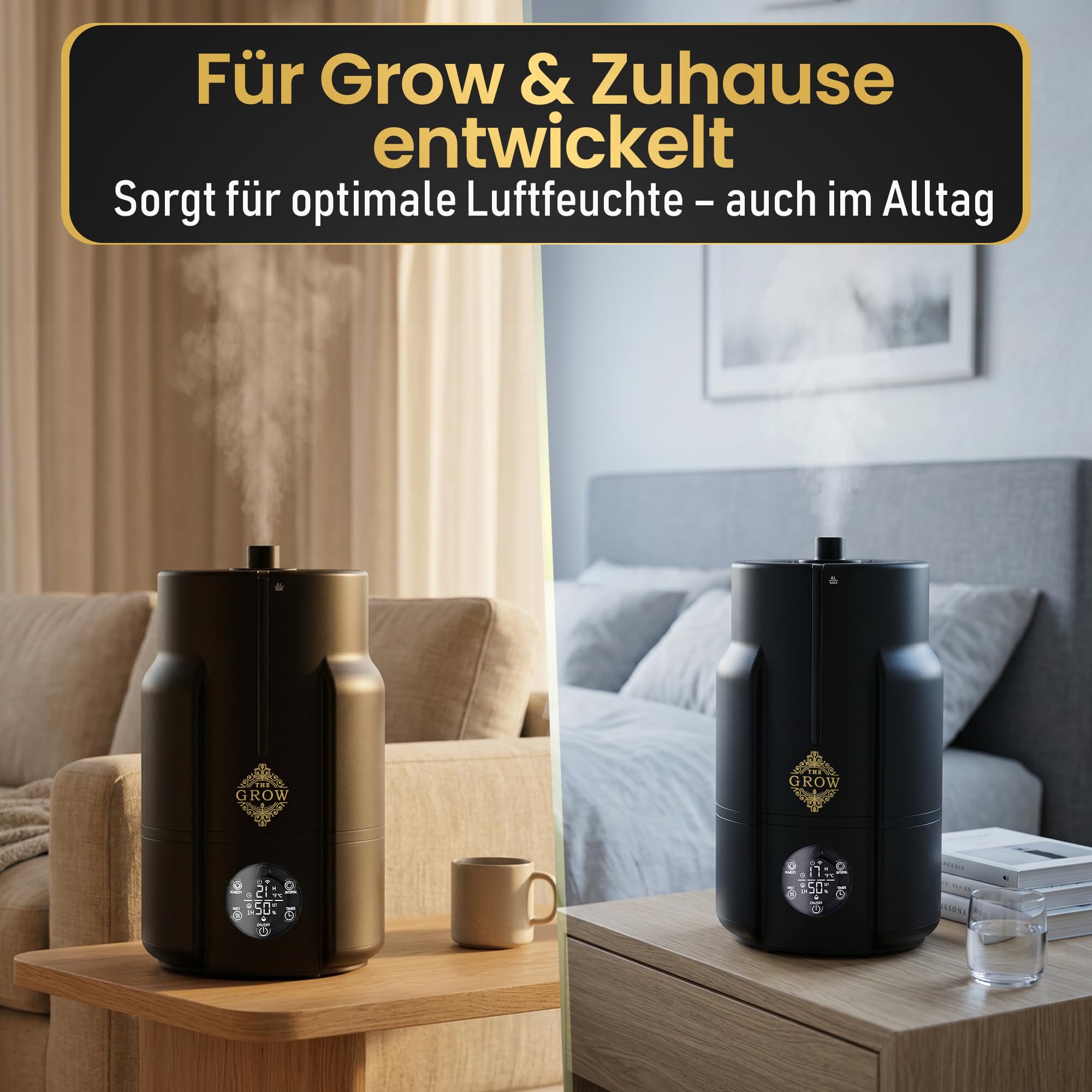 Nebel PRO Luftbefeuchter 6L für Growzelt und Growbox, Ultraschall-Luftbefeuchter mit Hygrostat 35–95%, 4 Nebelstufen, bis 450 ml/h, externer Sensor, Timer, Fernbedienung, Schlauch