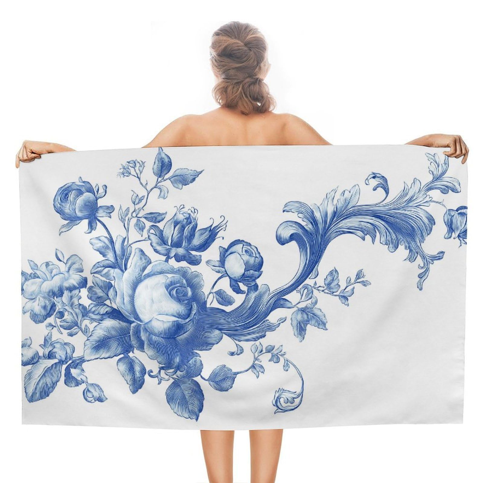 asbwuo Blue Toile Style Rose and Vines Vintage Beach Towel