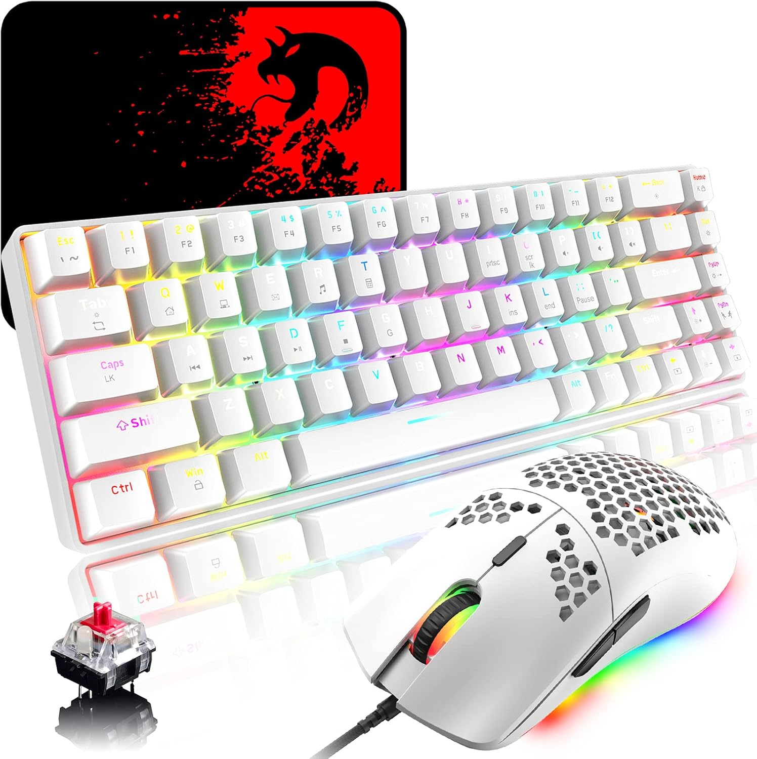 RGB Keyboard and Mouse Gaming White, 68 Keys Red Switch 60% Mini Chroma Mechanical Keyboard, 6400DPI 7 Buttons Honeycomb Lightweight Programmable Mouse, USB Wired, Compatible with Windows Mac PS4