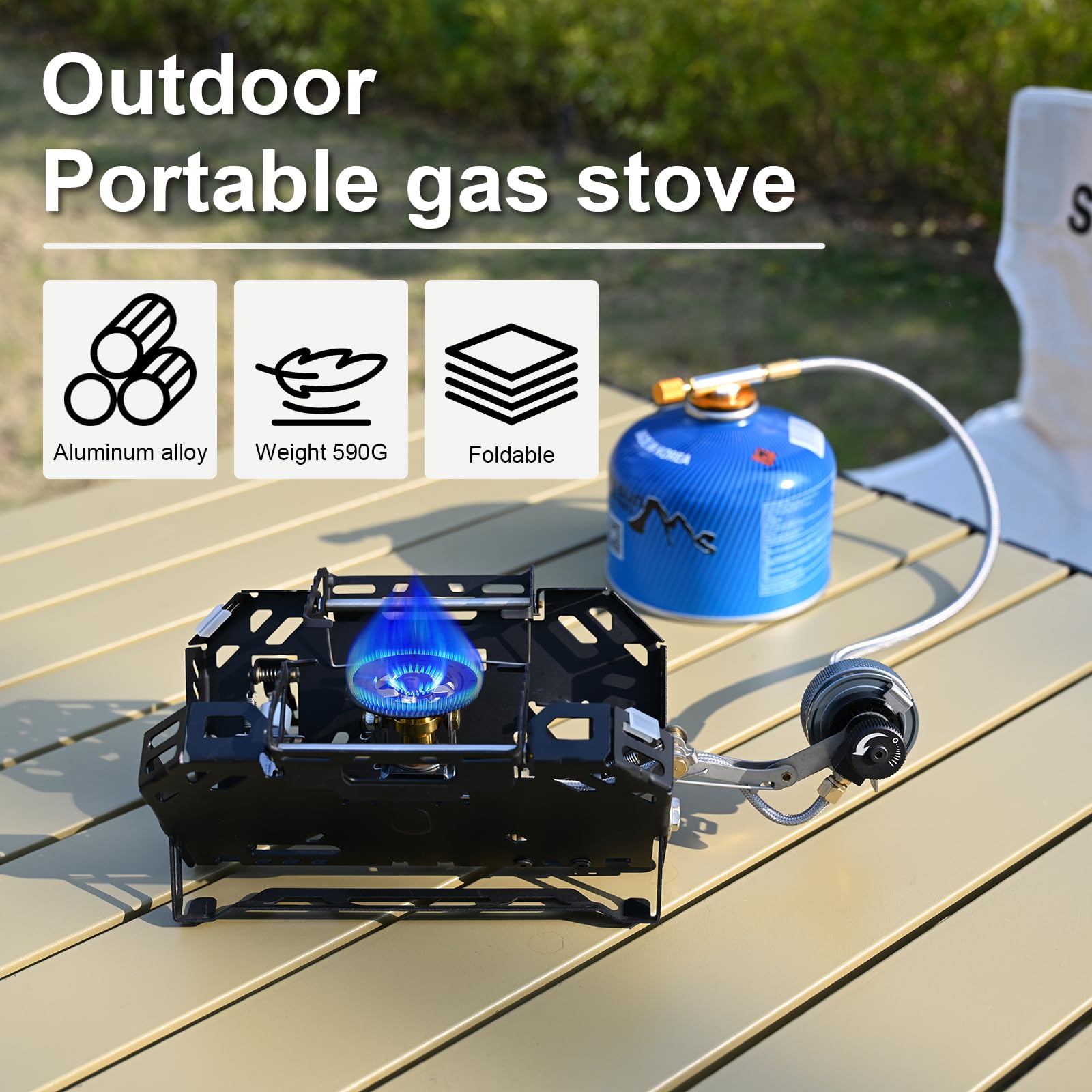 Docybuty Portable Butane Camping Stove 8190BTU Butane stove Peizo Click Ignition With carrying bag Isobutane Adapter Hose Portable Cassette Stove for Outdoor Backpacking Hiking Outdoor Camping Cooking