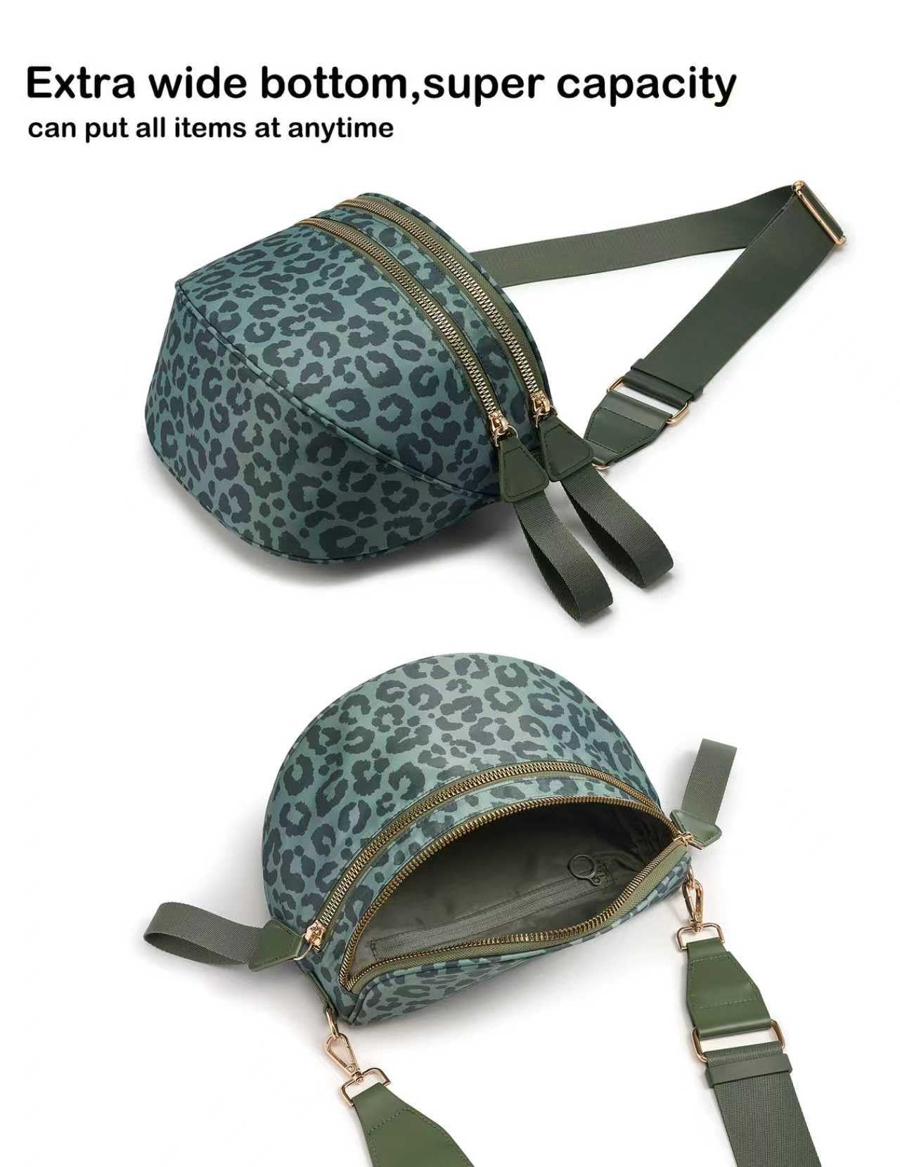 FEIBOON Spacious Nylon Crossbody Bag Bum Bag Handbags Wallets Purses Trendy Shoulder Bag for Women (Bean Green Leopard) view 4