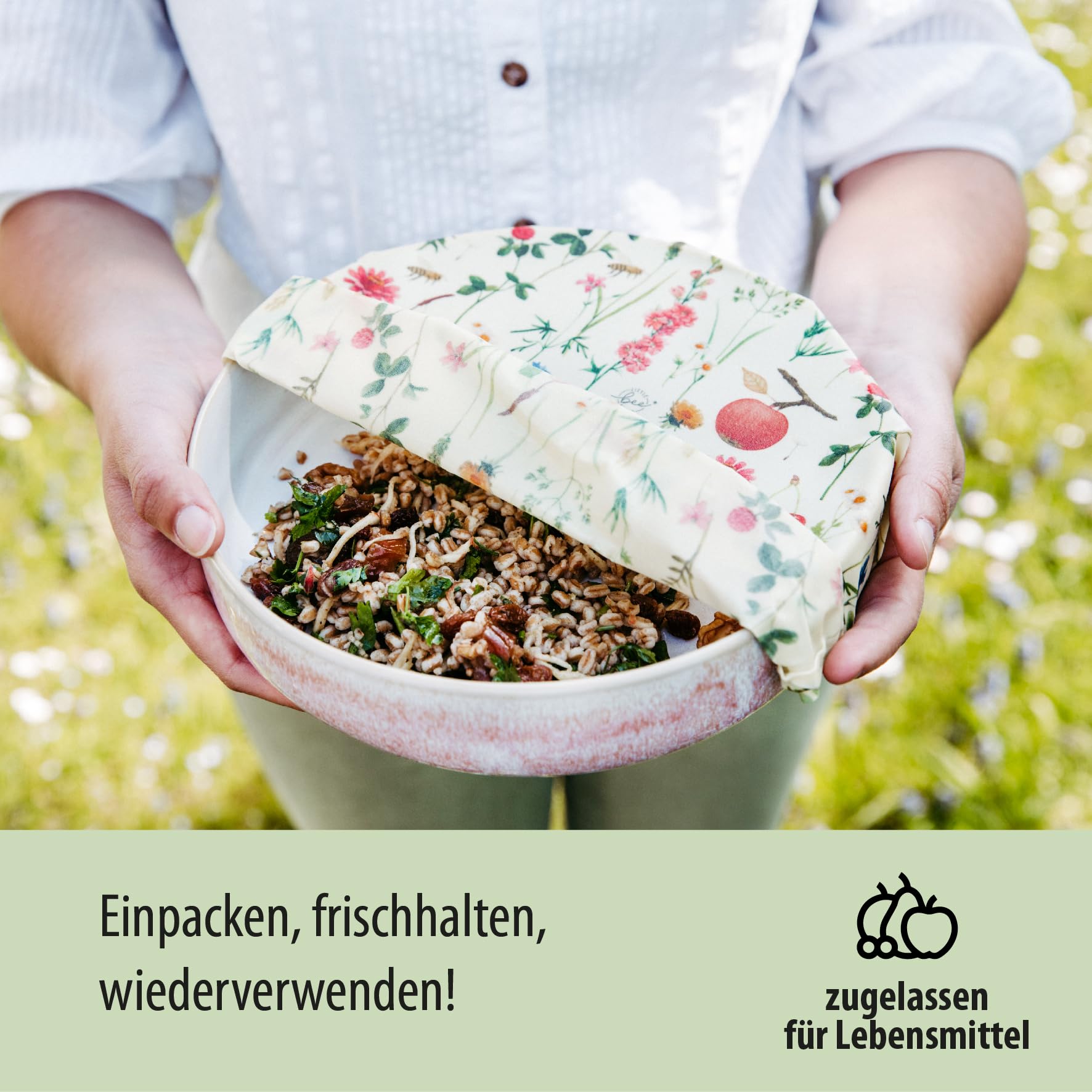 little bee fresh Bio-Bienenwachstücher Rolle zum Zuschneiden aus Deutschland - hält Lebensmittel natürlich, schön & plastikfrei frisch! Handgemacht aus Bio-Rohstoffen (Streuobstwiese)