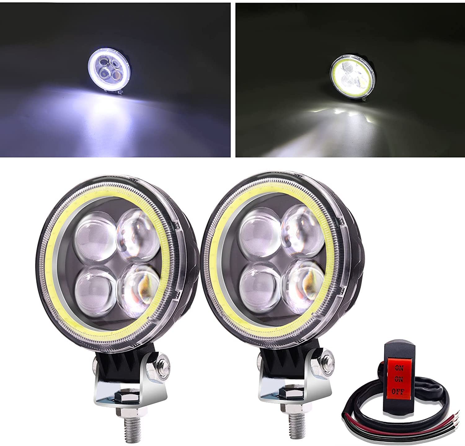 Biqing 1 Paire 12W Feux Additionnels Moto,Ronde 3Inch Phare LED Moto Avant 12V 24V Phares Supplémentaires pour Moto Feux de Jour de Moto DRL Avec Blanc Angel Eye