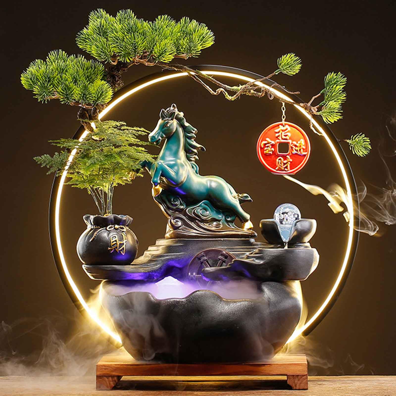 Desktop fountain, Adjustable LED Light Ring and Backflow Incense Burner Holder, for Home and Office Decoration(C)