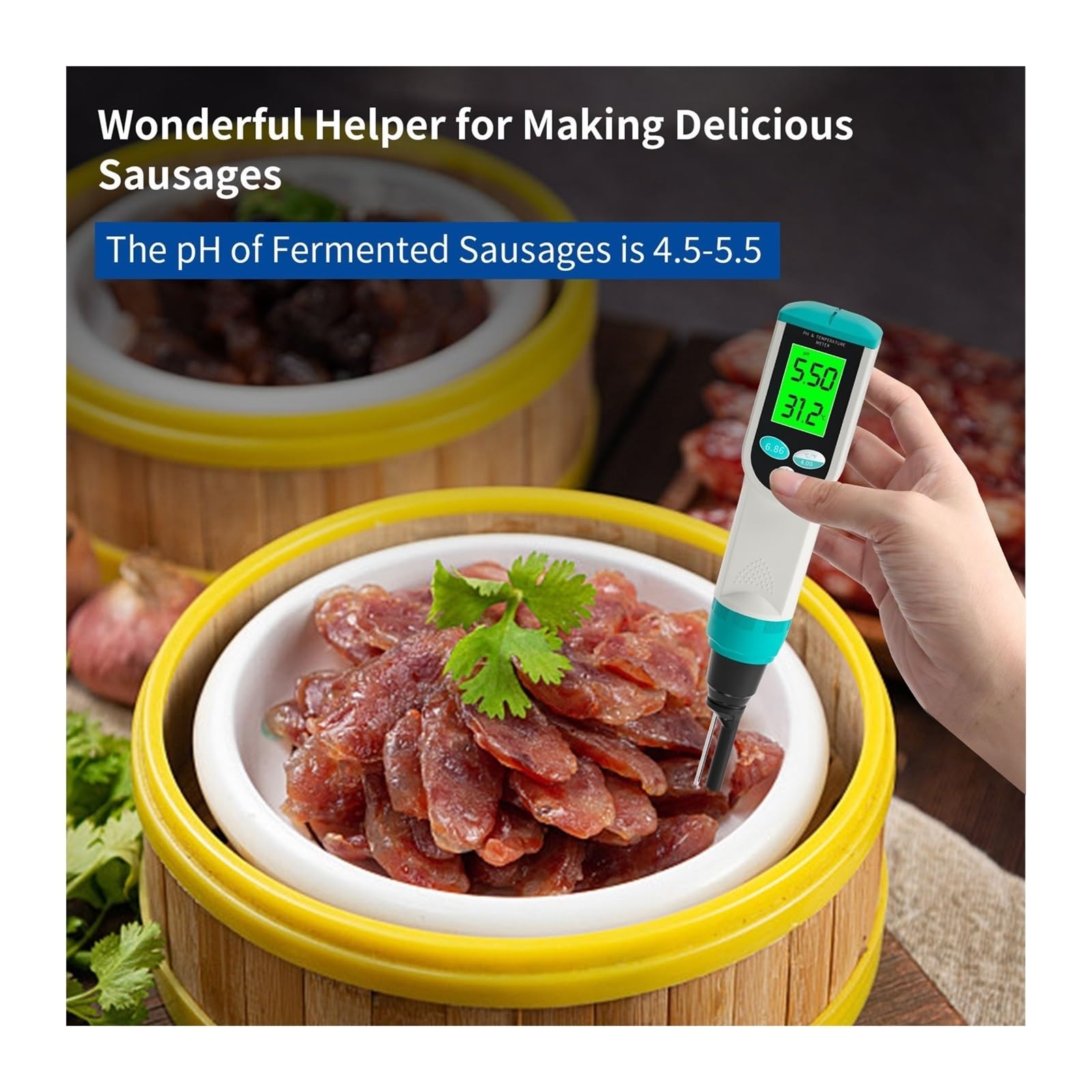 Equipo de Prueba de Agua, Medidor de pH Alimentos 0,00~14, Probador Temperatura Sensor Alta precisión Analizador acidez for Carne Enlatado Queso Masa Agua