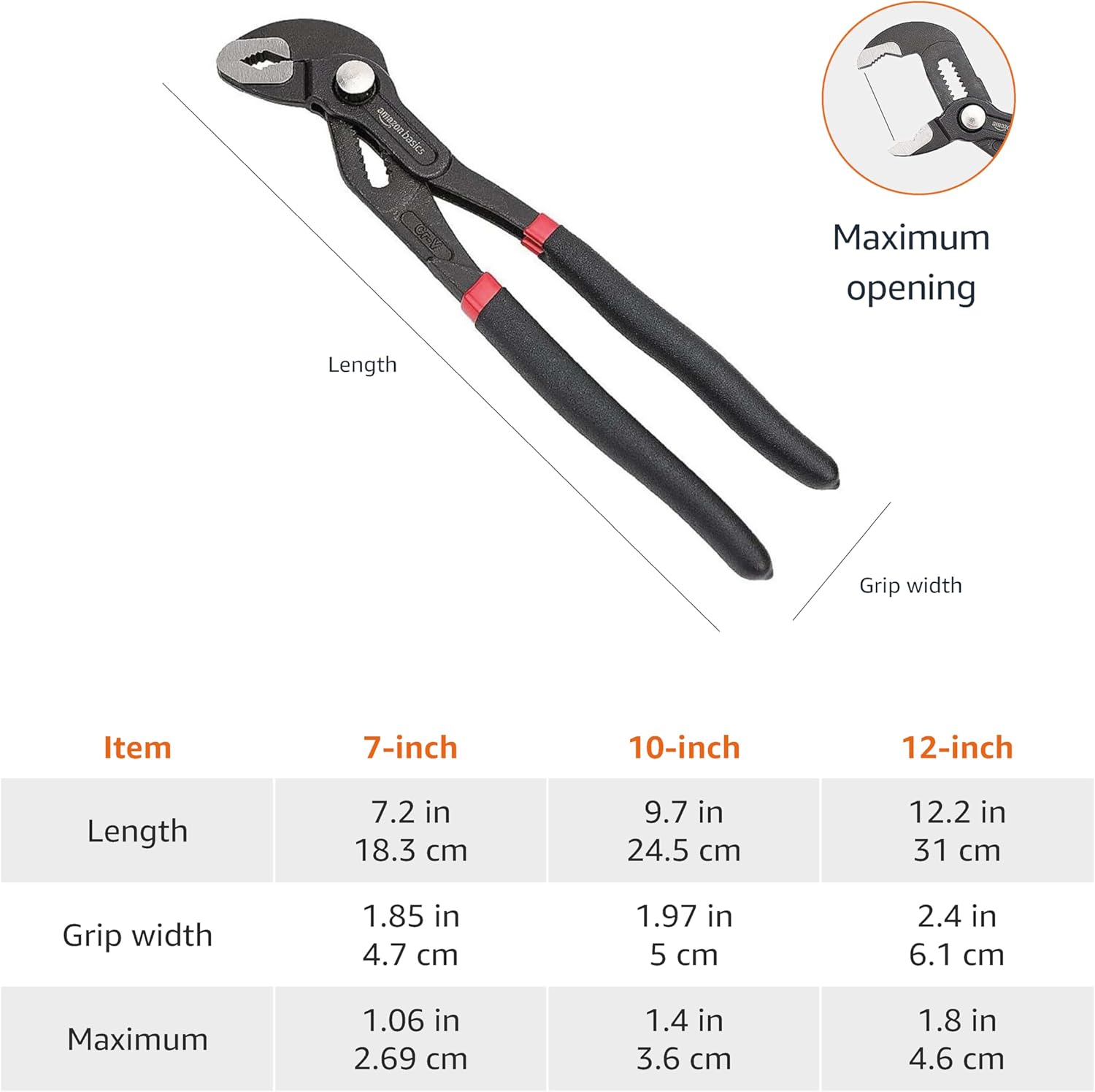 Amazon Basics 3-Piece Quick Release Groove Joint Pliers Set, Drop Forged Chrome Vanadium Steel, Includes 7-inch,10-inch, and 12-inch, Black 6 Amazon Basics 3-Piece Quick Release Groove Joint Pliers Set, Drop Forged Chrome Vanadium Steel, Includes 7-inch,10-inch, and 12-inch, Black