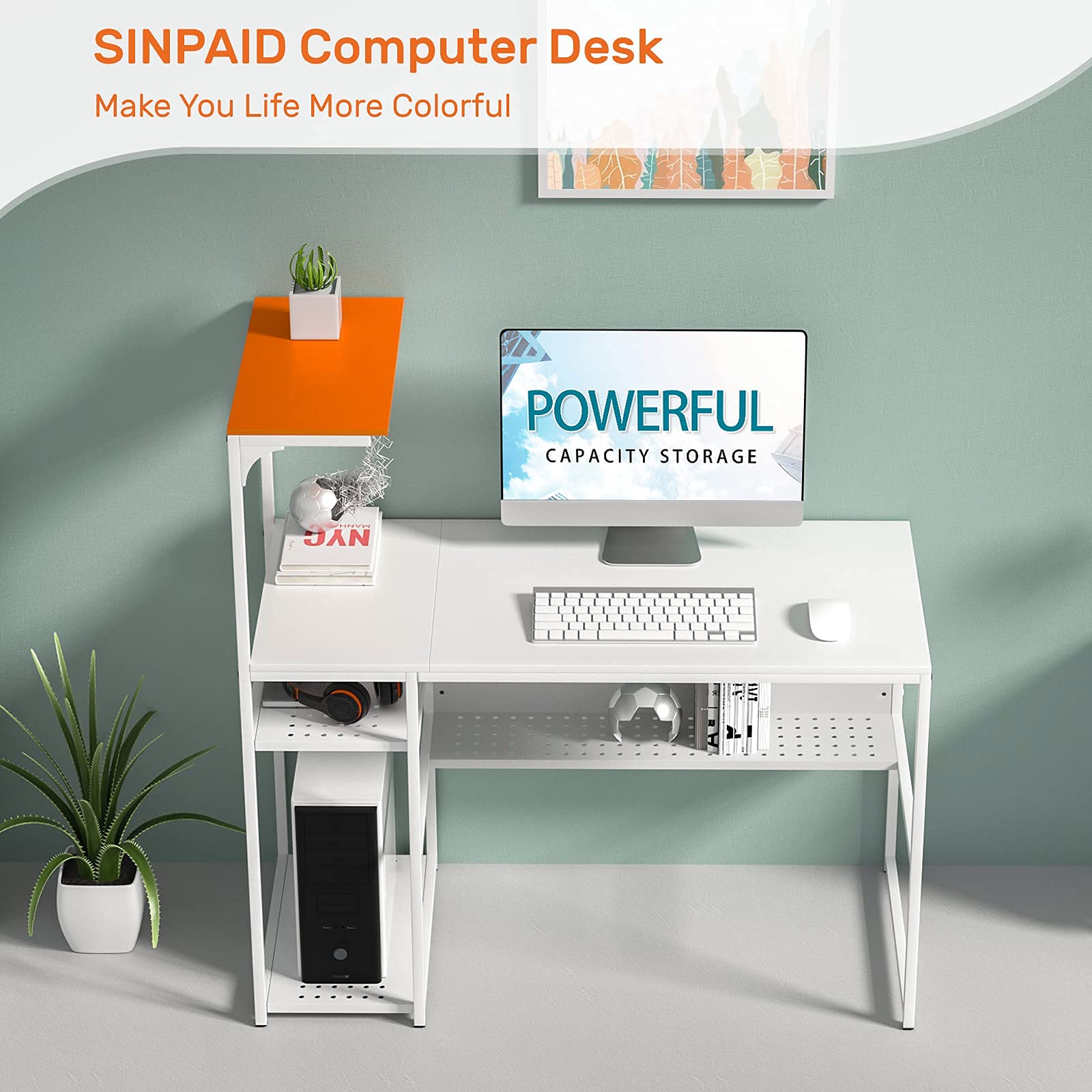 SINPAID White Computer Desk with Storage Shelves 40 In...B08R55K4QV