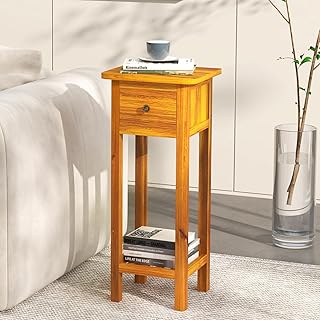 GOFLAME Narrow Side Table, Small End Table with Drawer & Shelf, Farmhouse Acacia Wood Tall Sofa Side Table, Slim Nightstand Bedside Table for Small Space Living Room, No Assembly, Natural