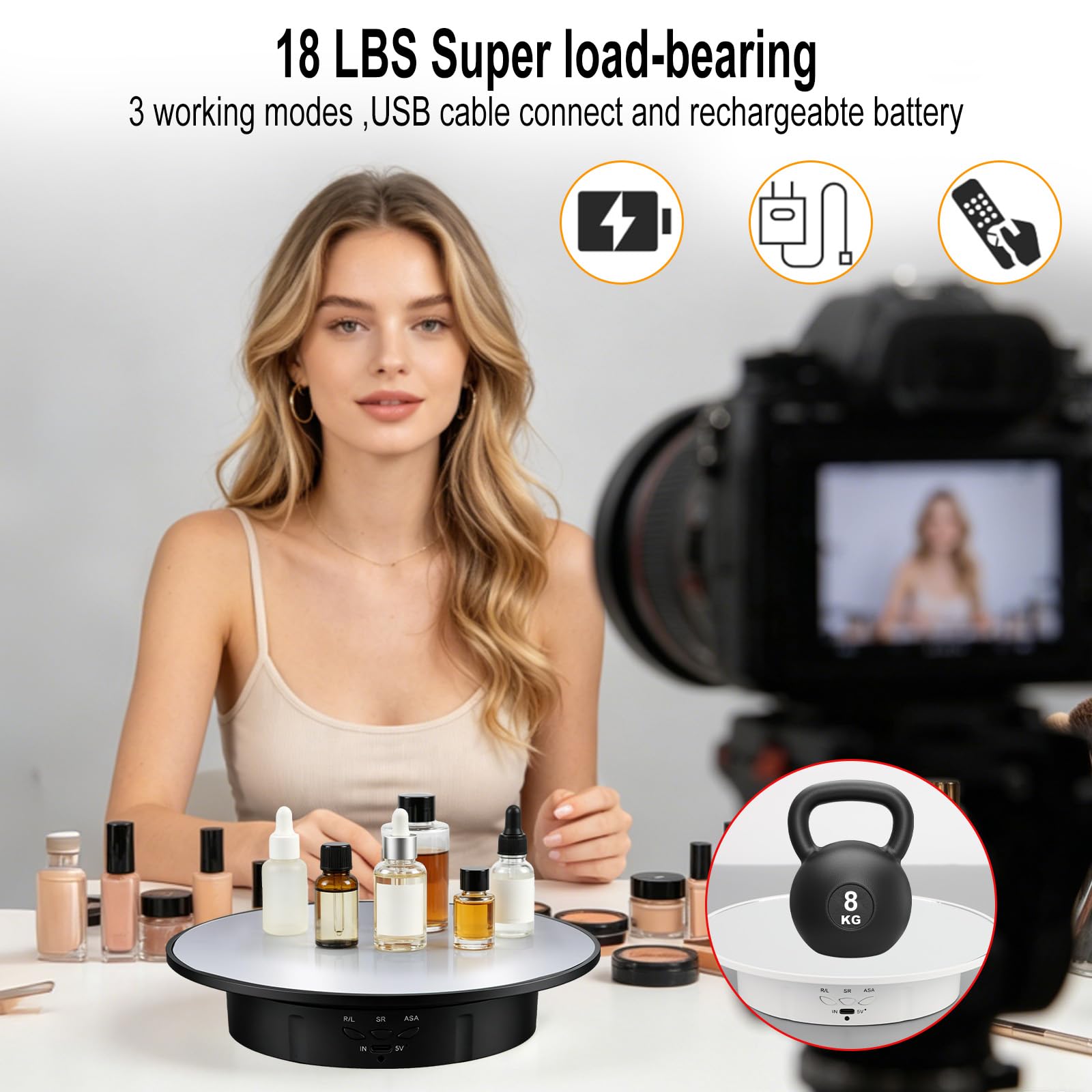 Espositore Girevole Elettrico 360°, Base Girevole Elettrica con Ricarica USB 3 Velocità, Piatto Girevole Elettrico per Torte Gioielli Modelli Collezioni Fotografia Live (Nero)