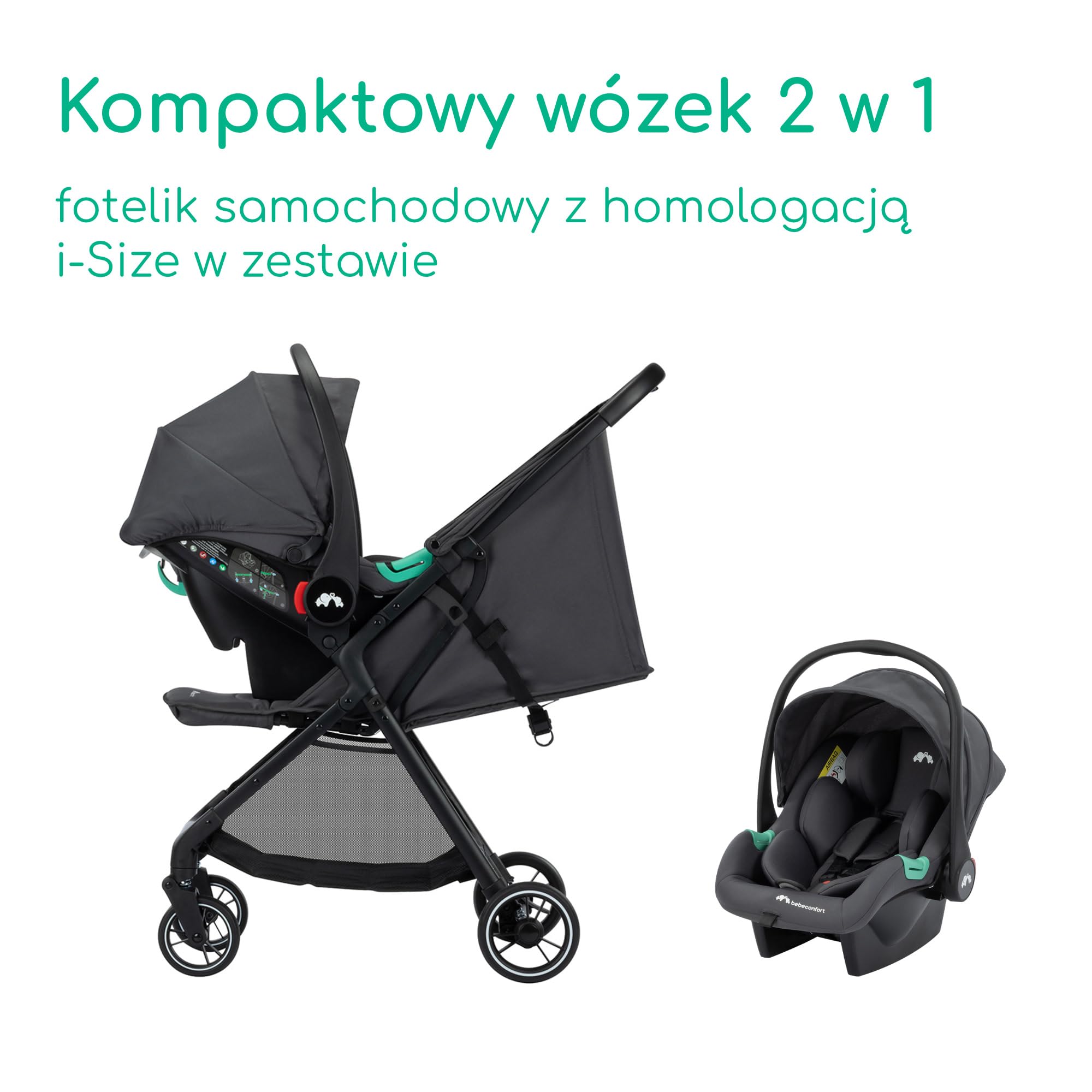 Bebeconfort Azur Duo, 2w1 z System podróżny, 0-3y (15kg), Mineral Graphite | Wózek 2w1 z Samochodowym, Lekki Wózek Kompaktowy, Odchylanie do Pozycji Leżącej, Automatyczne Składanie Jedną Ręką, Kosz