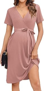 Ekouaer Women Short Sleeve Maternity Nursing Dress Casual V Neck Breastfeeding Loungewear Ribbed Knit Pregnancy Dresses S-XXL