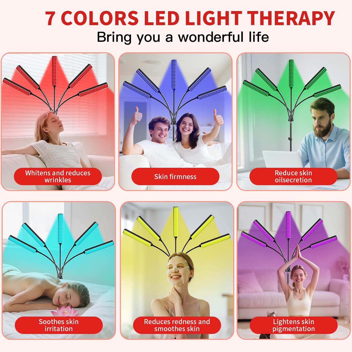Cholas Red Light Therapy for Face Body, 5 Heads Red Infrared Light Therapy Devices, 7 Colors Red Light Therapy Lamp, 660nm and 850nm LED Near Infrared Light for Full Body, Face, Skin, Muscle