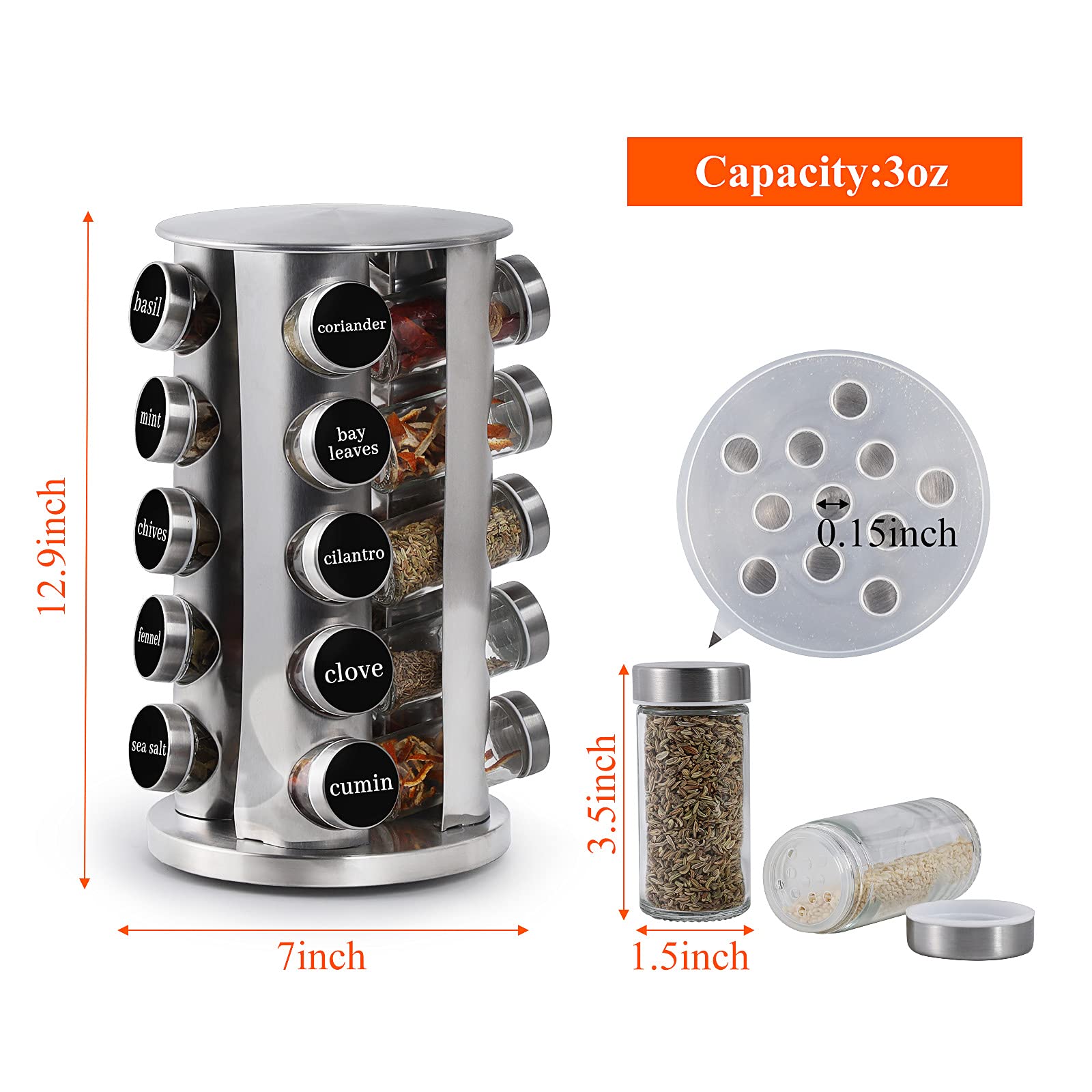 Rotating Spice Rack with 20 Jars, Spinning Countertop Seasoning Rack