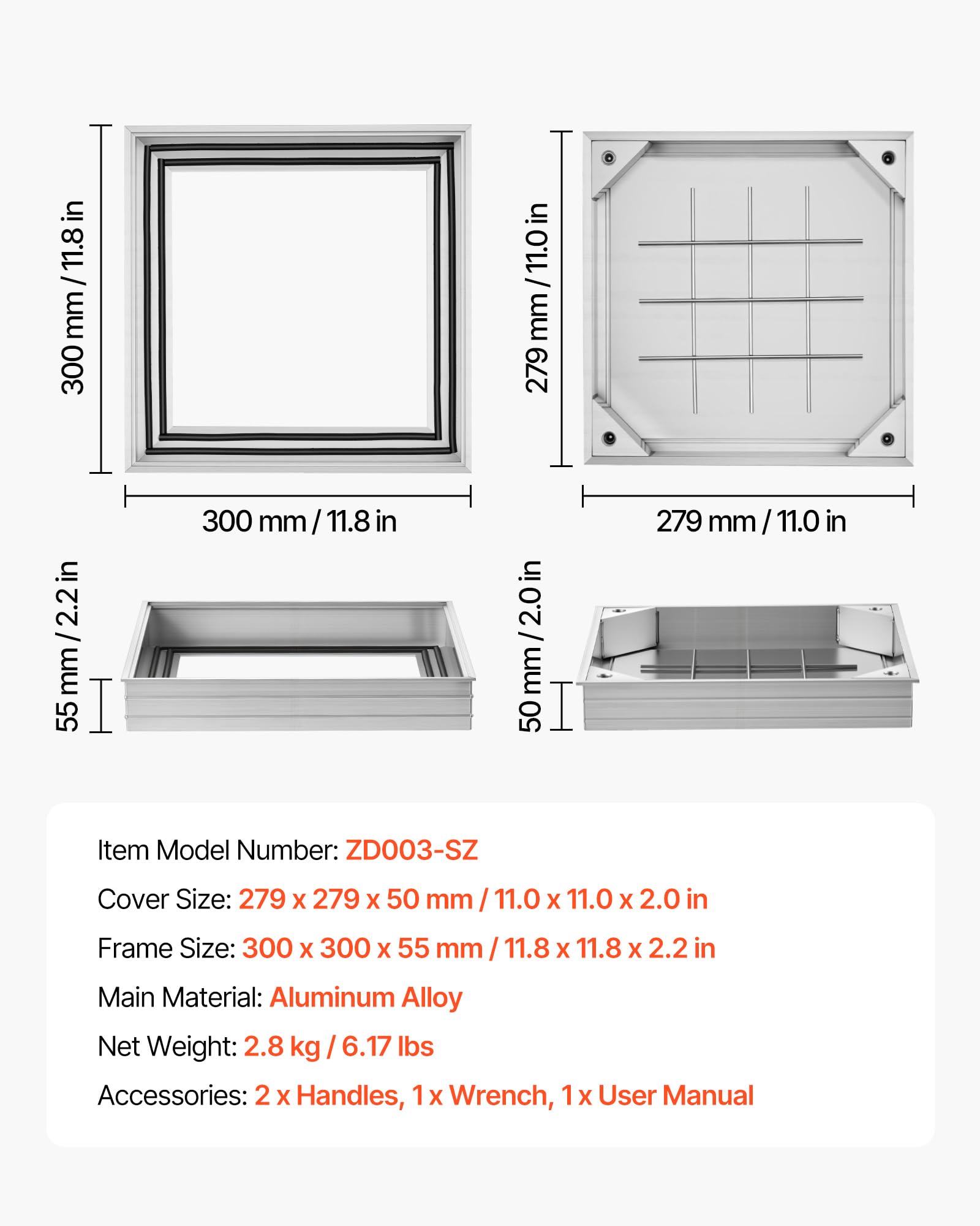 VEVOR Tapa de Alcantarilla Empotrada con Marco de Aleación de Aluminio, Tapa de Cisterna Cuadrada 30 x 30 cm, Cubierta de Inspección de Canal de Drenaje Integrada para Pavimentos, Jardines, Patios