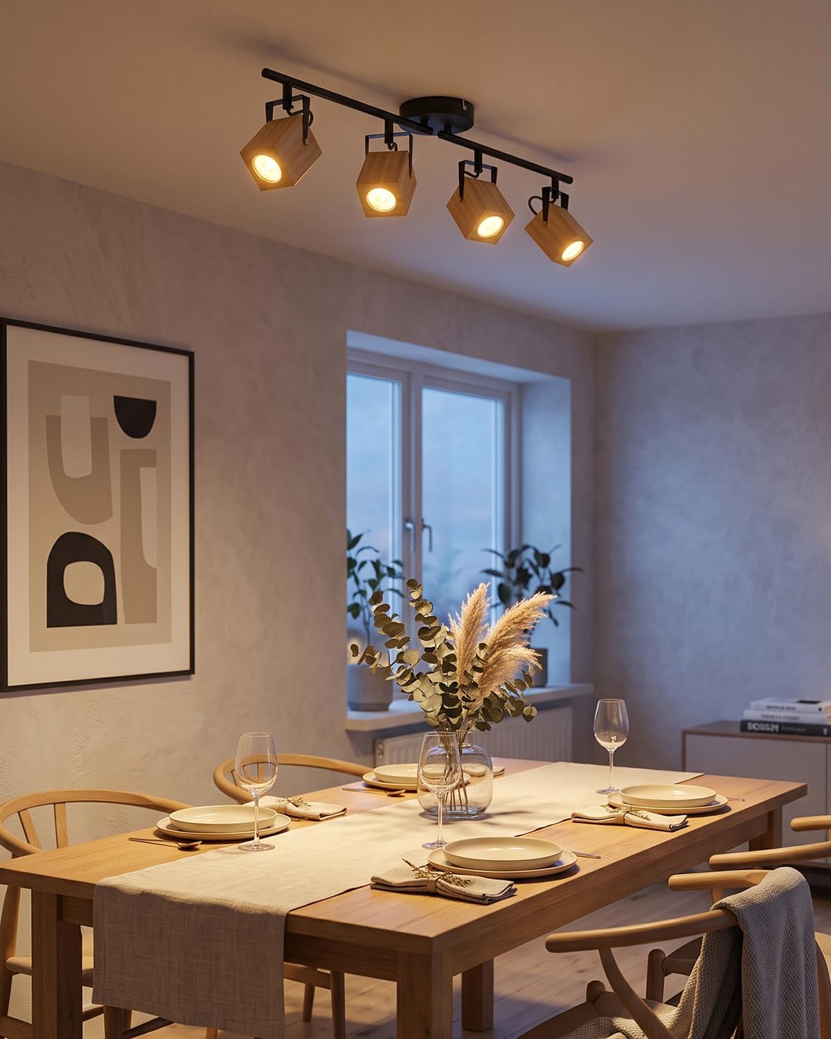 LVWIT Lámpara Techo Con 4 Focos LED Interior, Base GU10, Base negra con pantalla de lámpara de madera, Giratorios Plafón de Techo (Sin Bombillas)