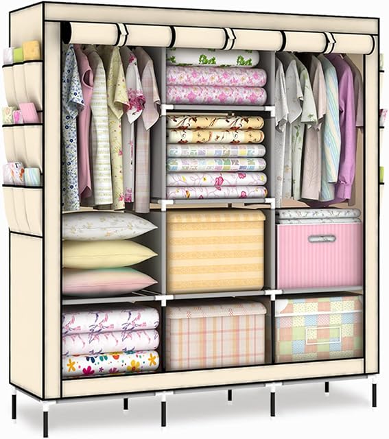Portable Closet Canvas Wardrobe 175x130x45cm Bedroom Furniture Cupboard Foldable Clothes Storage Organiser with 2 Hanging Rail and 18-Sides Pockets Fabric Wardrobes for Bedroom Clothing Wardrobe