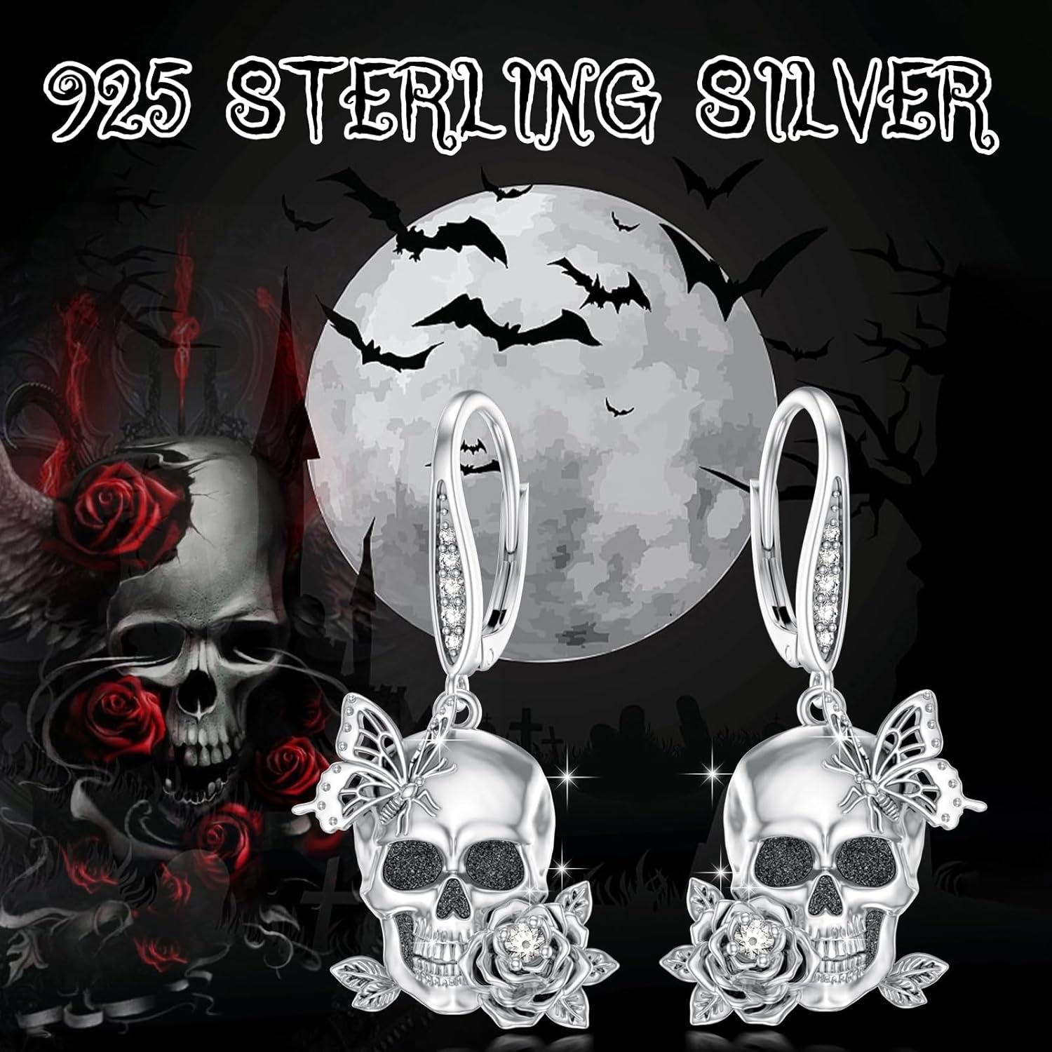 Skeleton Earrings Dangle 925 Sterling Silver Leverback Skull Halloween Earrings for Women Jewelry Gift - Image 7