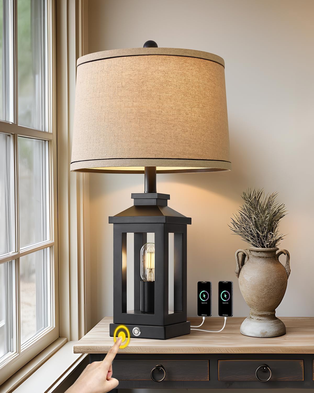 Illuminate Your Space: The Retro Farmhouse Black Table Lamp with Touch Control and USB Ports