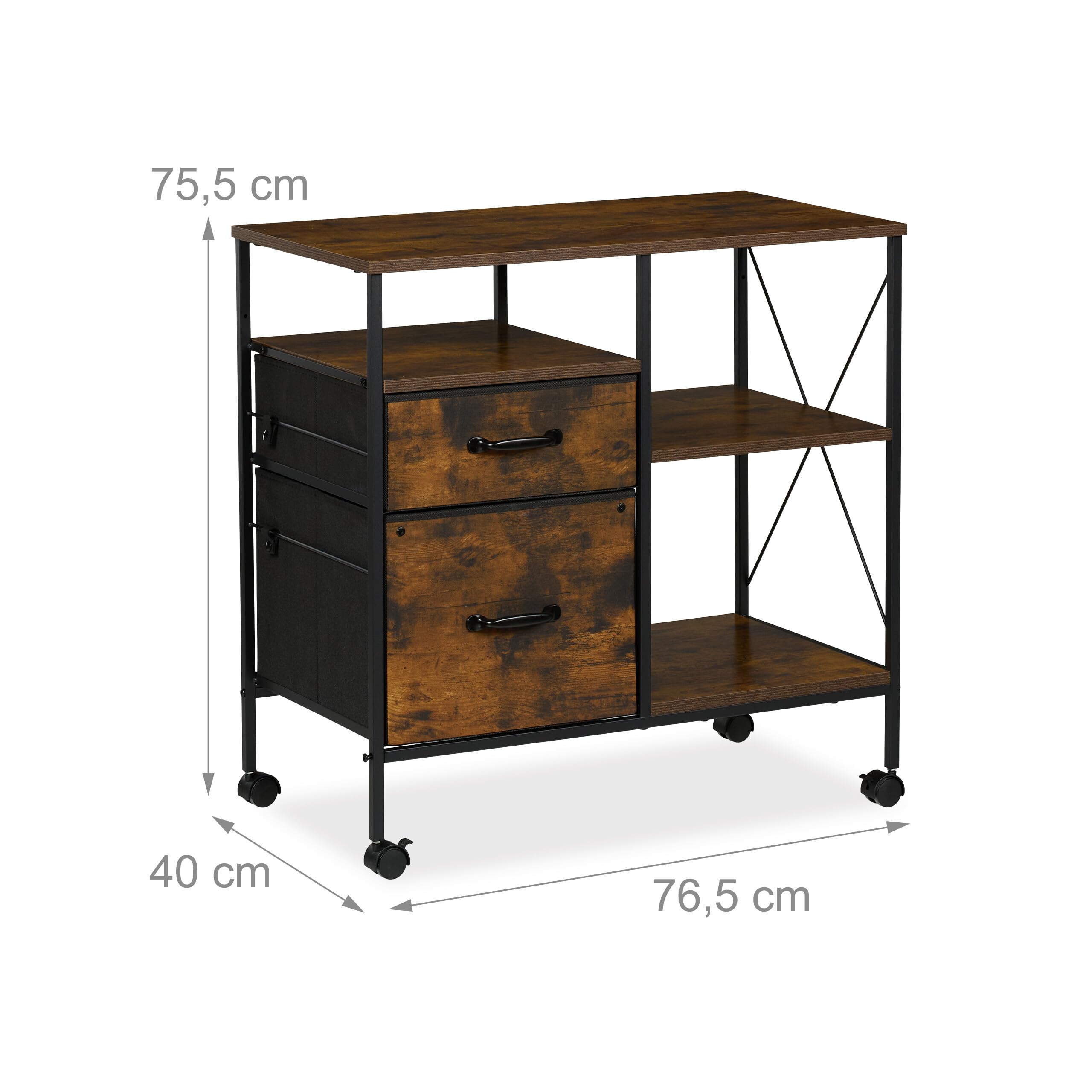 Relaxdays Rollcontainer 2 Schubladen, 3 Fächer, braun/schwarz