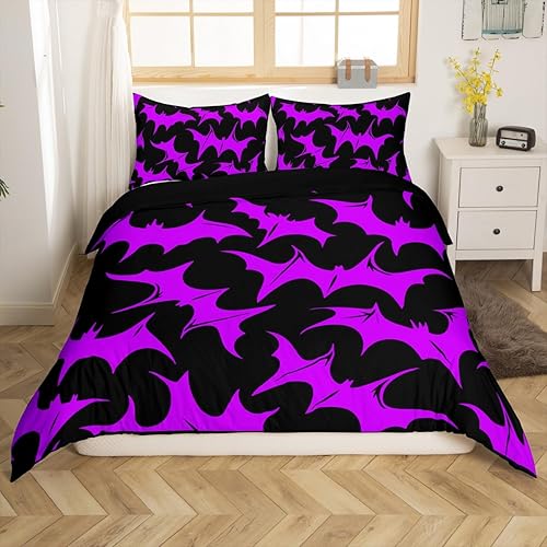 Miniatura 3 de Erosebridal Decoración de Halloween de murciélagos, funda de edredón de casa de murciélagos negro y morado, funda de edredón con patrón de sombras