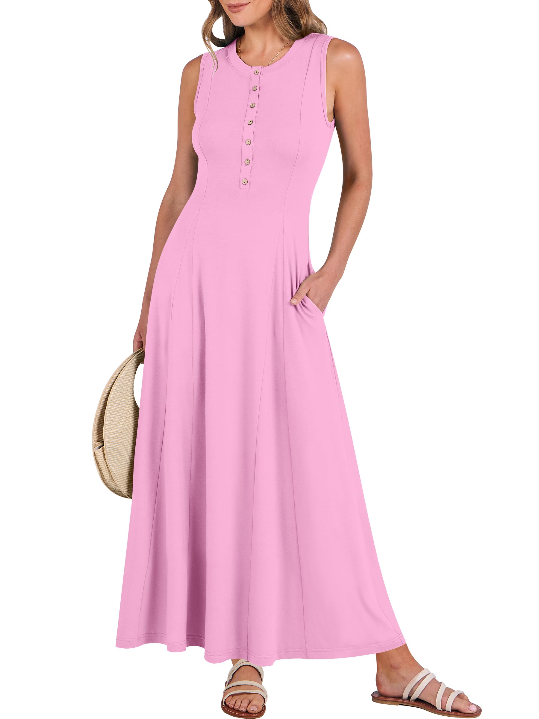 ANRABESS Women Summer Casual Sleeveless Maxi Sundress Button Fit & Flare A-Line Flowy Long Dresses 2026 Beach Outfits