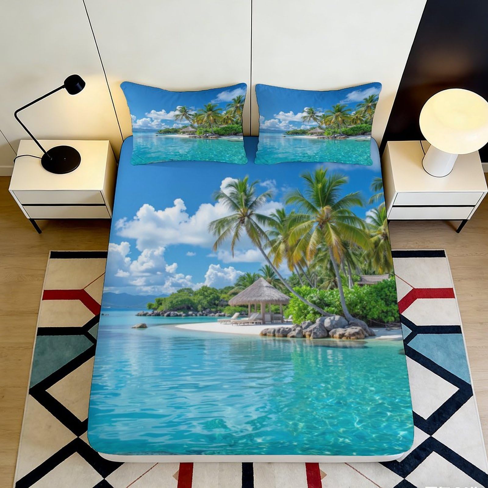 3D Printed Tropical Beach Fitted Sheet Microfiber Soft Breathable Ocean View Bed Cover for Bedroom Dormitory Guest Room Mattress Protection Decor 90x200x25cm