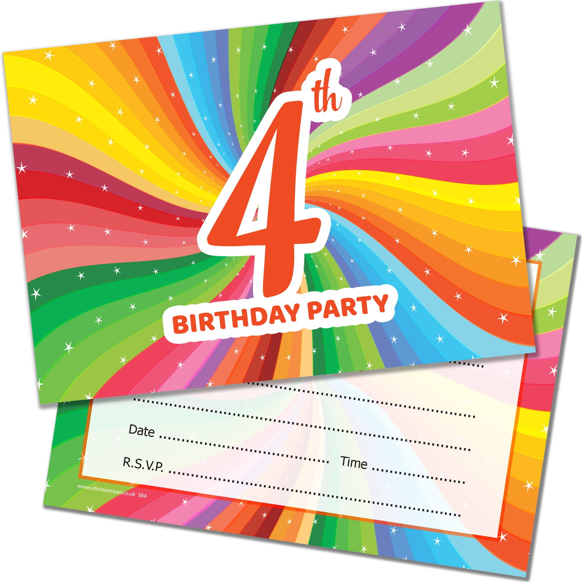 20 x 4th Birthday Party Invitations. Children's Bright Unisex Style. Multipack of 20 Invites with Envelopes