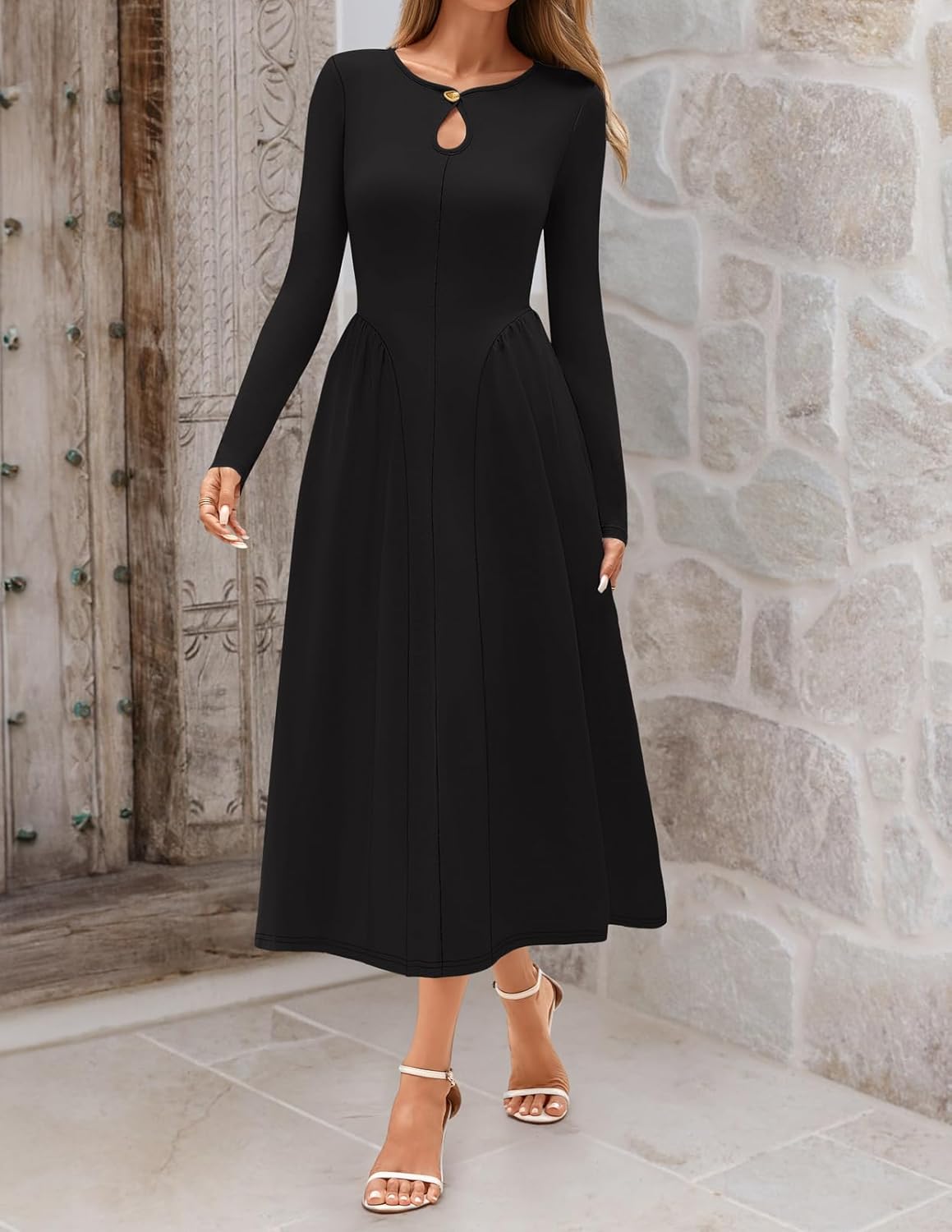 MEROKEETY Women's Long Sleeve Flowy A Line Dresses 2025 Fall Fashion Elegant Cutout Wedding Guest Midi Maxi Dress - Image 3