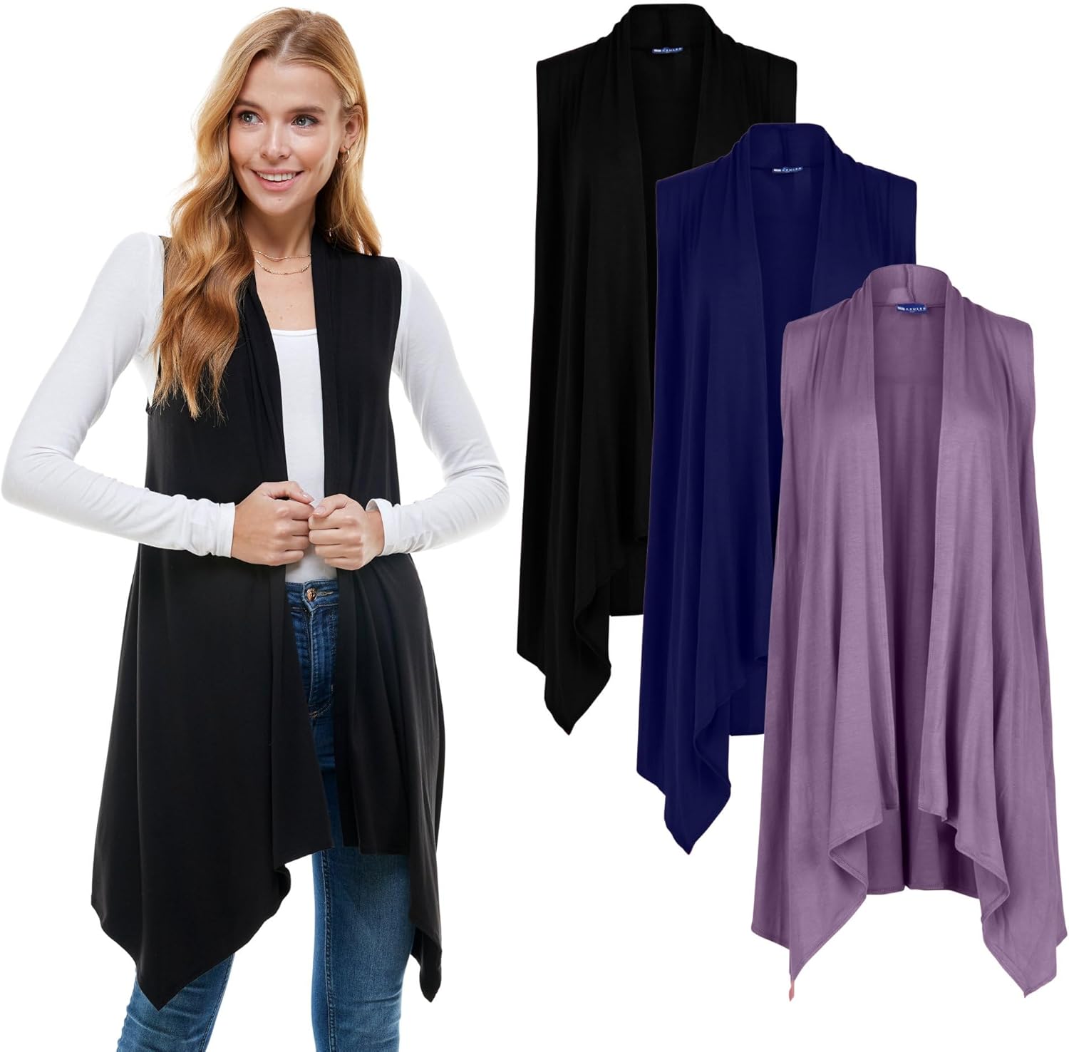 Azules 3 Pack Sleeveless Cardigan Vest for Women – Lightweight Open Front Long Cardigan – Flowy Casual Layer for Any Season