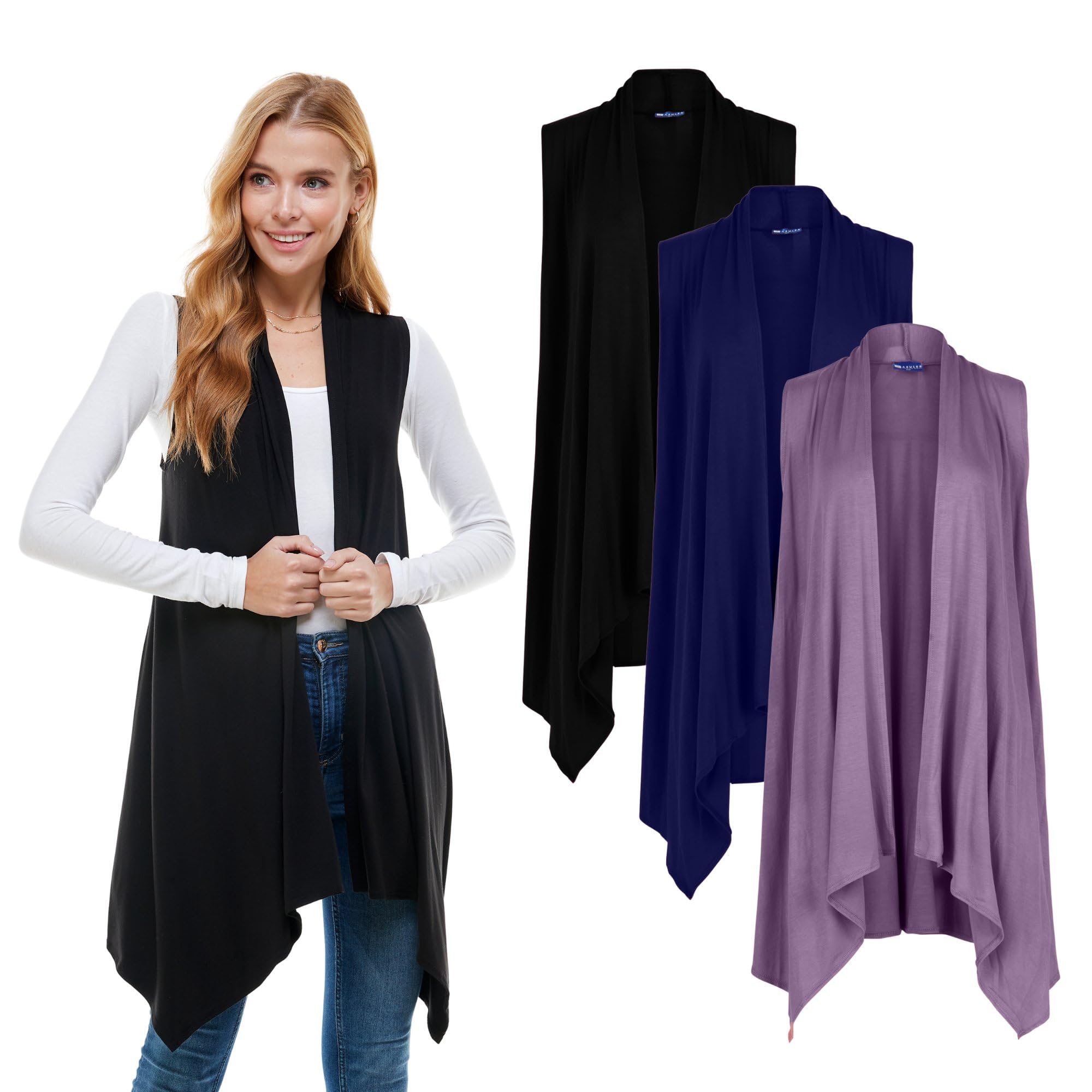 Azules Sleeveless Cardigan for Women, Soft Lightweight Duster Open Front Sleeveless Long Cardigan Vest (3 Pack)