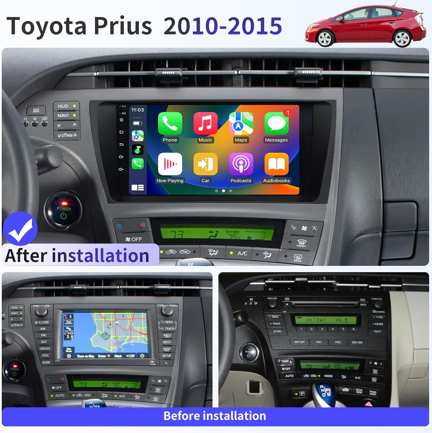 Car Stereo Radio for Toyota Prius 2010 2011 2012 2013 2014 2015 Radio Replacement 9 inch Touch Screen Wireless CarPlay & Android Auto GPS Navigation Bluetooth 4G WiFi DSP SWC FM Radio Backup Camera