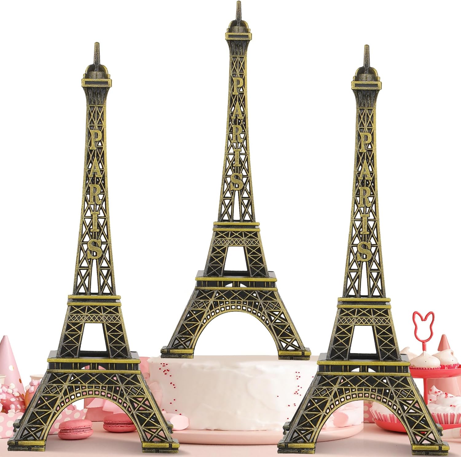 Shimeyao 3 Pcs 9.85 Inch Eiffel Tower Cake Topper Paris Small Eiffel Tower Centerpiece for Tables Top Mini Statue Figurine Home Baby Shower Decoration for Party