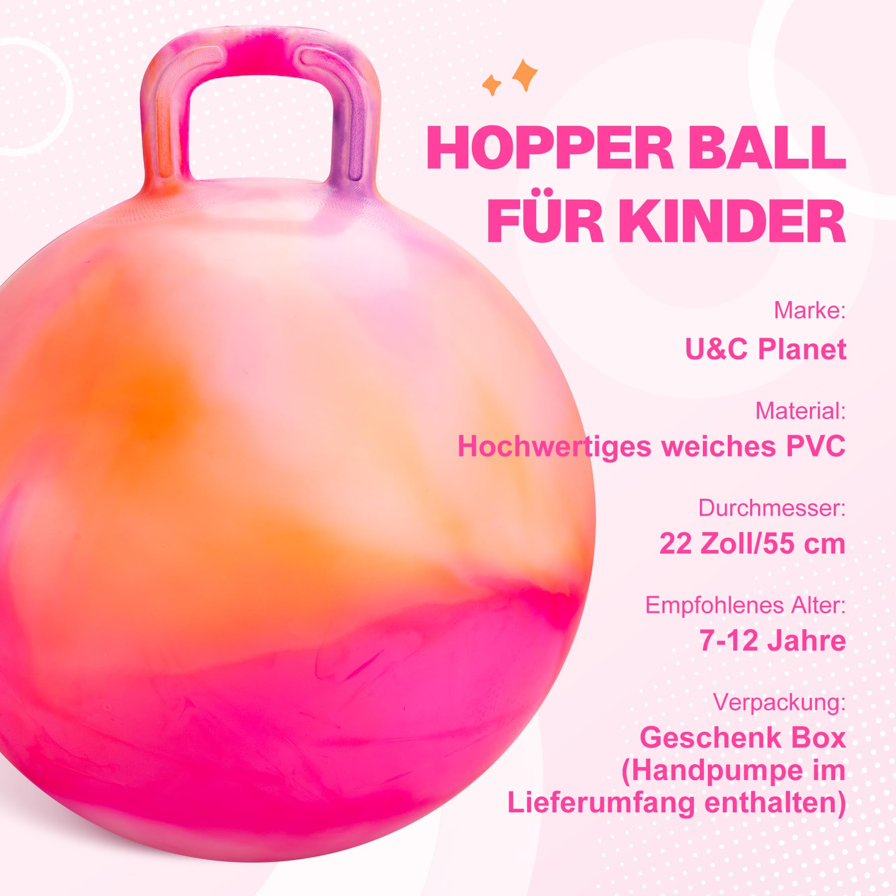 U&C Planet 55cm Hüpfball Sprungball mit Griff, 100 KG belastbar Space Hopper mit Luftpumpe Spielzeug für Kinder 7-12 Jahre Drinnen & Draußen, Lernspielzeug für Balance & Koordination, Wolke Orange