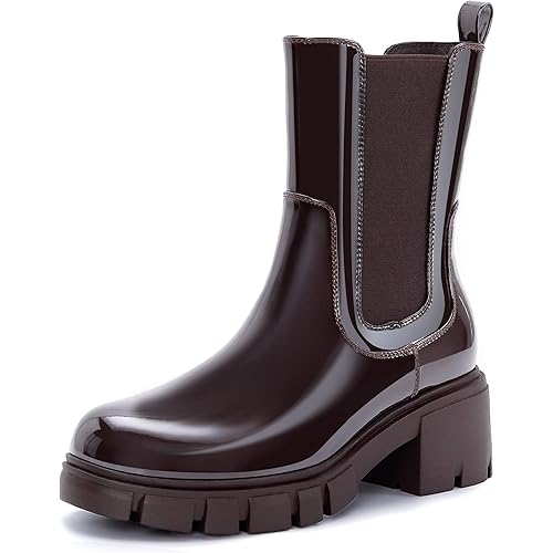 Athlefit Women's Platform Chelsea Boots Lug Sole Chunky Heel Elastic Leather Mid Calf Booties