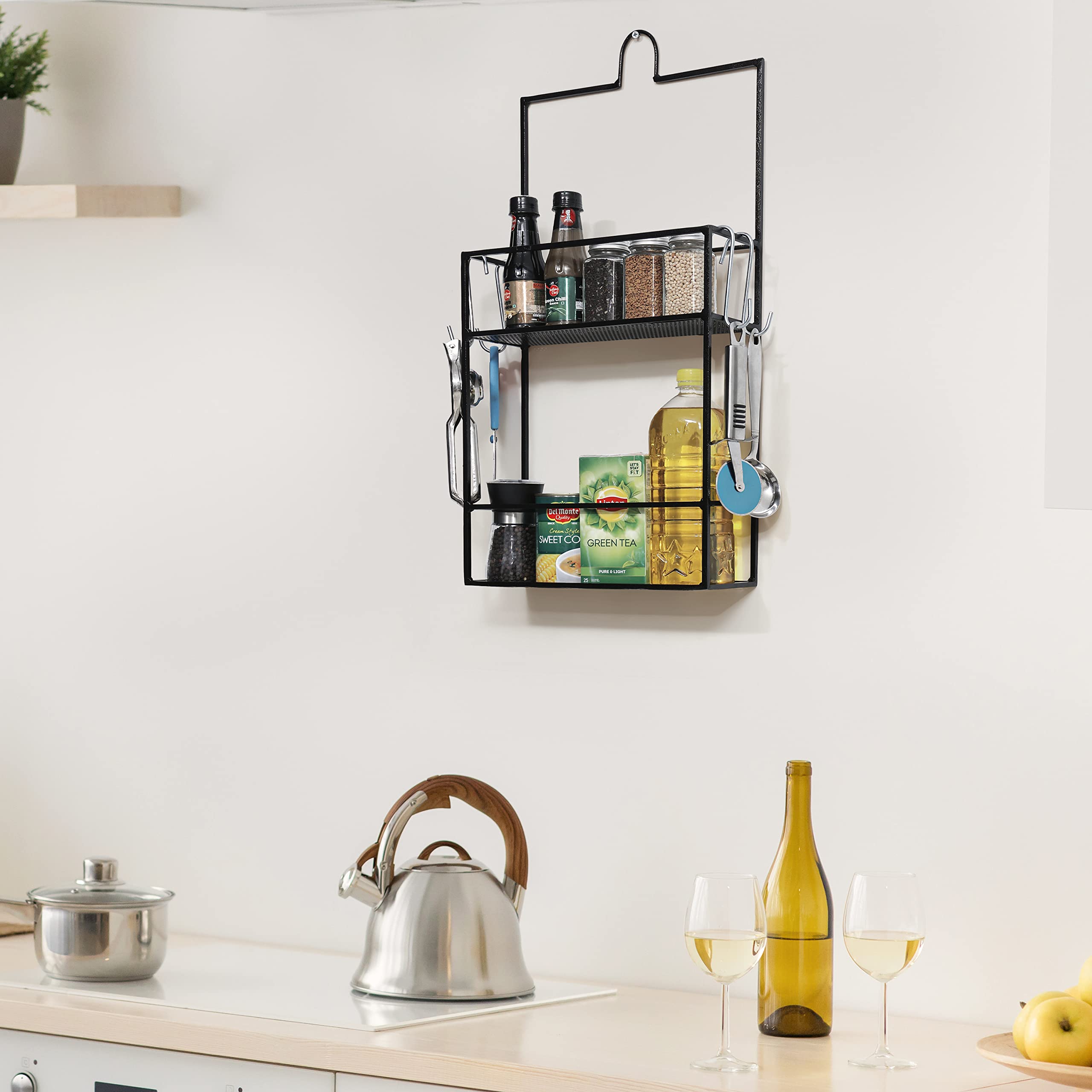 Livzing 2-Layered Cast Iron Wall Mounted Floating Shelf With 4 Removable Hooks | Multi-Purpose Storage Rack For Kitchen, Bathroom, Bedroom | Spices Hanging Organizer | Seasonings holder - Black