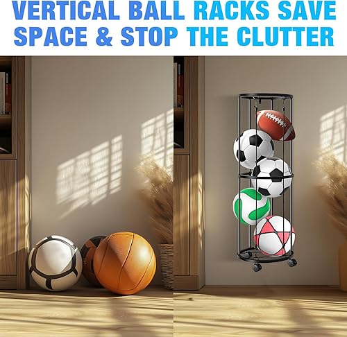 Miniatura 5 de Columnar - Estantes verticales de almacenamiento de bolas con ruedas, soporte de pared duradero para baloncesto, voleibol, ahorro de espacio,