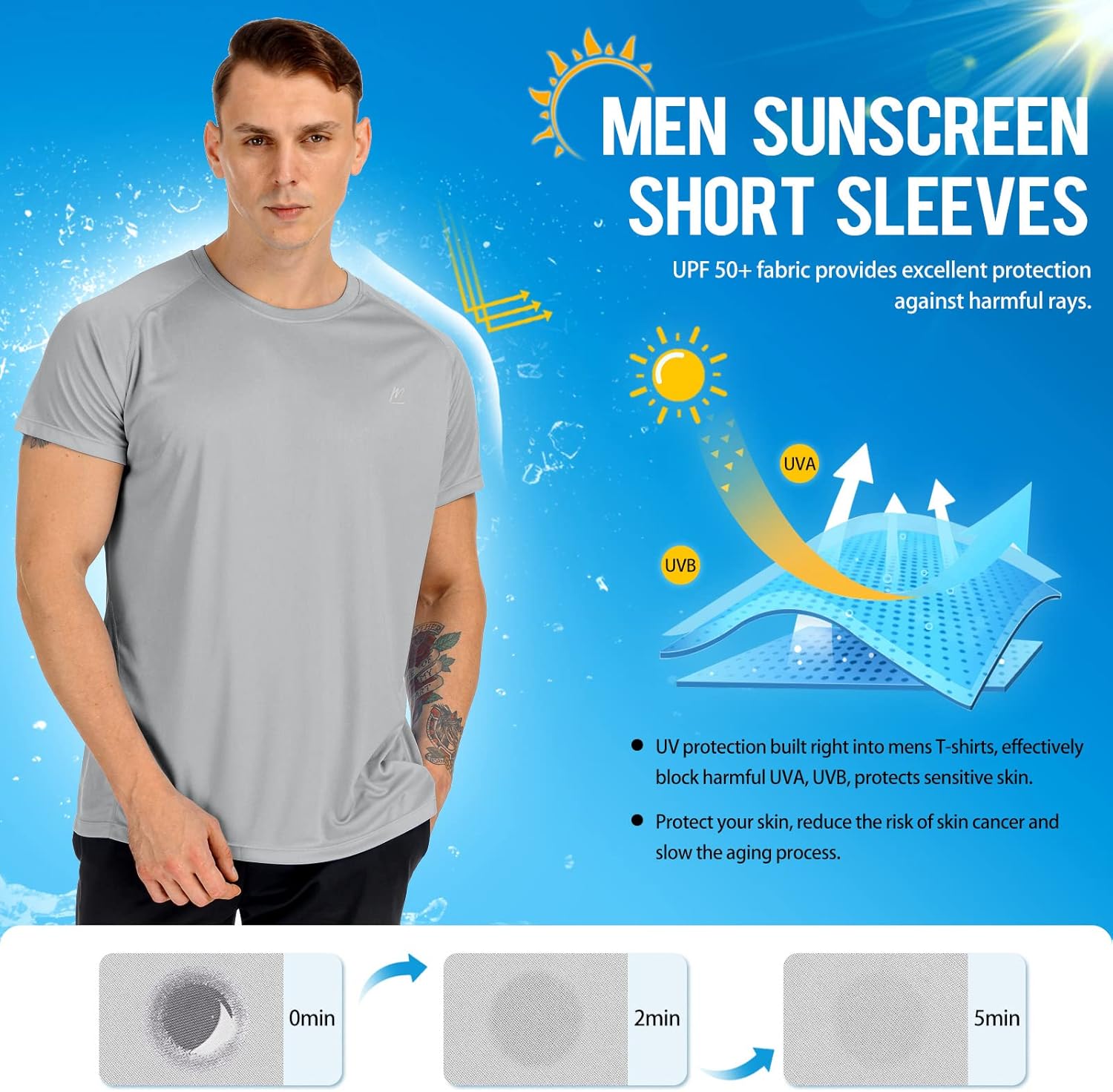 Men's UPF 50+ Sun Protection Shirts, Short Sleeve Swim Tee Shirt Quick Dry Rash Guard Workout Athletic Hiking Running T Shirt Grey - Image 3