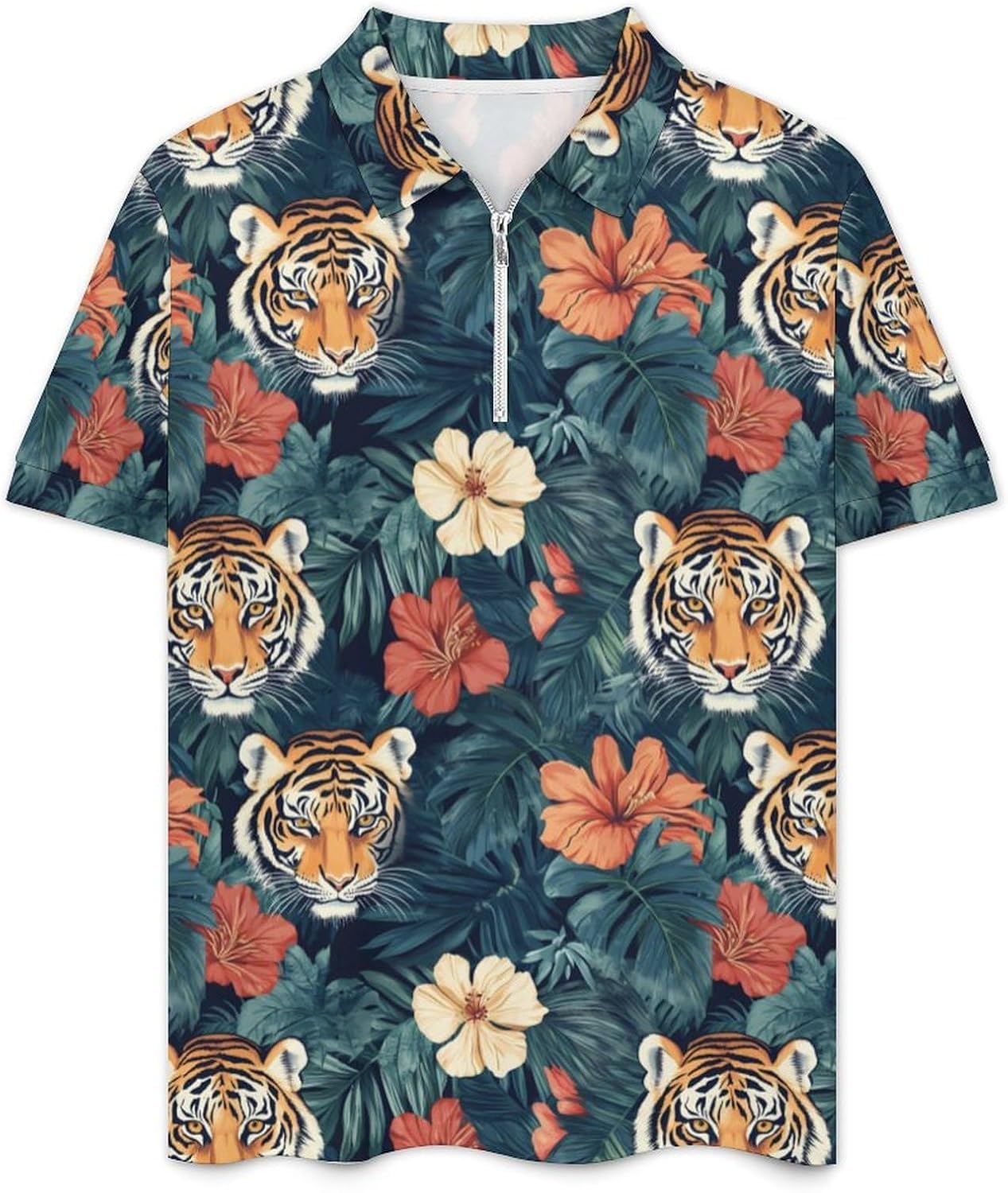 Tiger Animal Tropical Leaves Mens Polo Shirts Track Suits 2 Piece Short Sleeve Sweatsuit 1/4 Zip Golf Loungewear for Sports