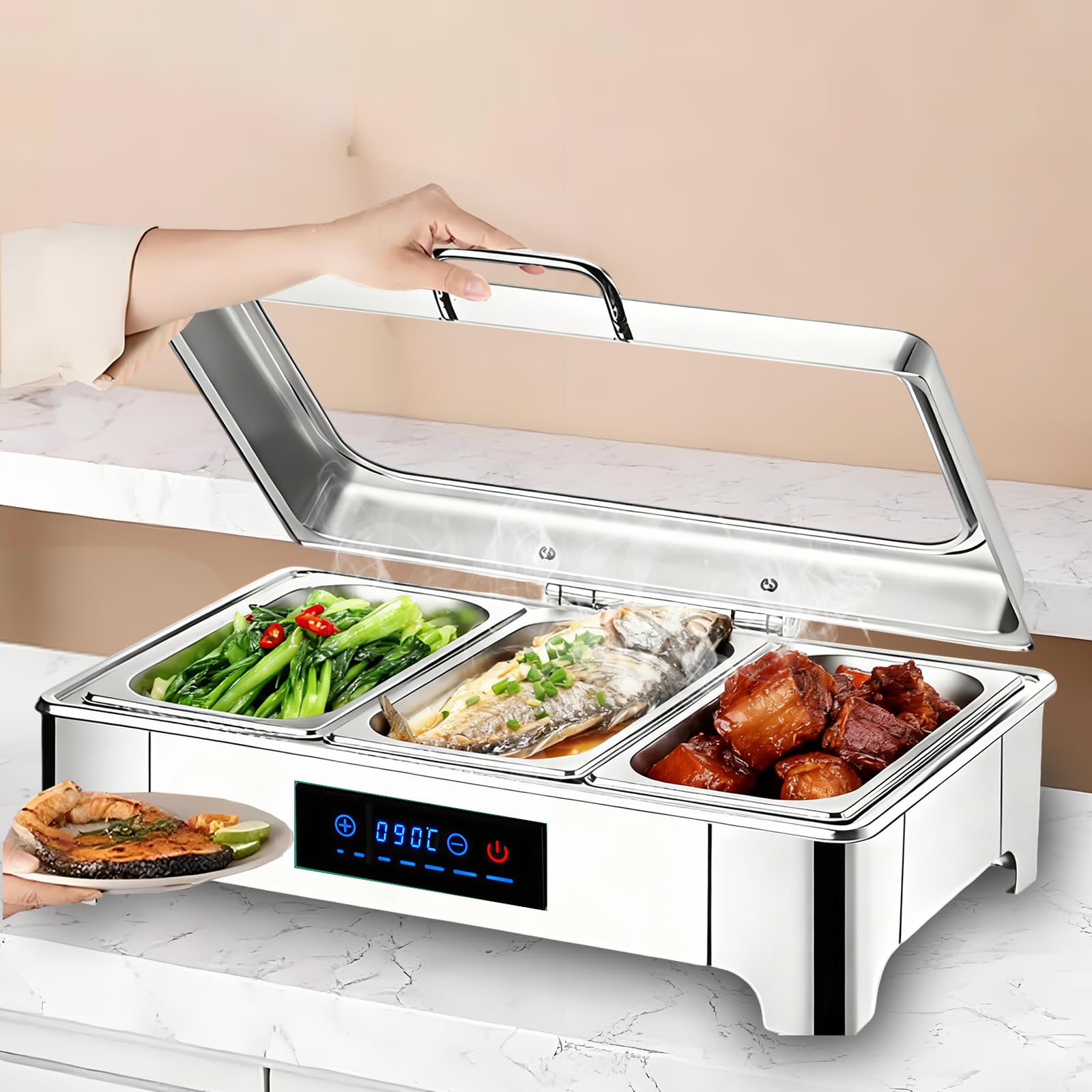 9L Chafing Dish Electrico para Buffet, Calentador de Buffet Electrico de Acero Inoxidable, Calentador de Comida Eléctrico Buffet con Toque Inteligente para Catering, Fiestas(1/3 Pan)